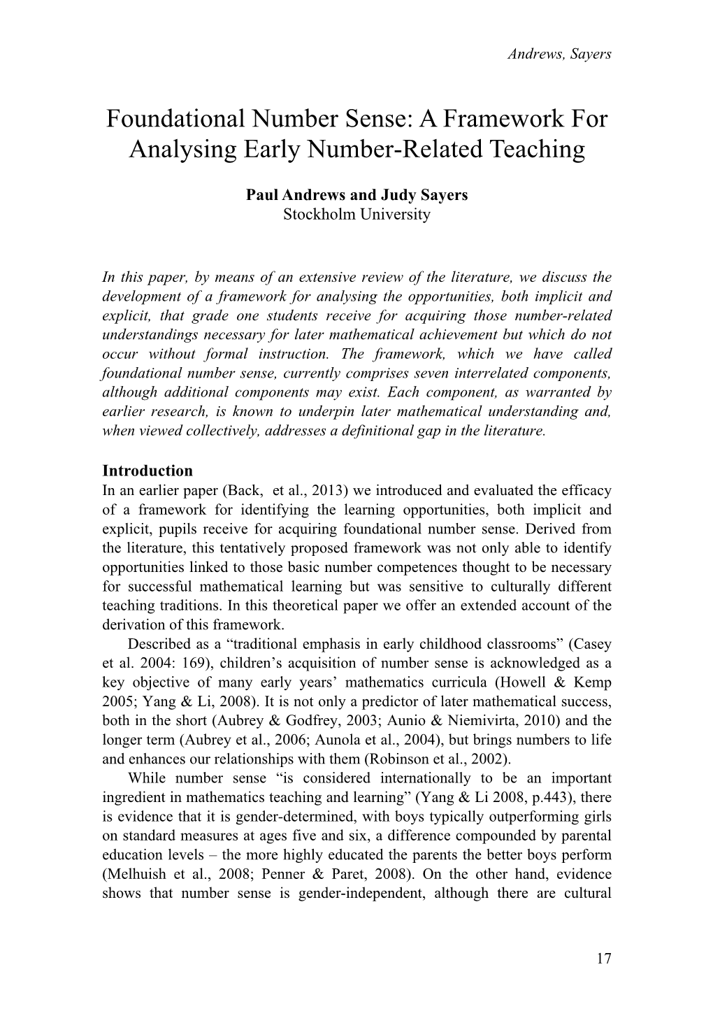 Foundational Number Sense: a Framework for Analysing Early Number-Related Teaching