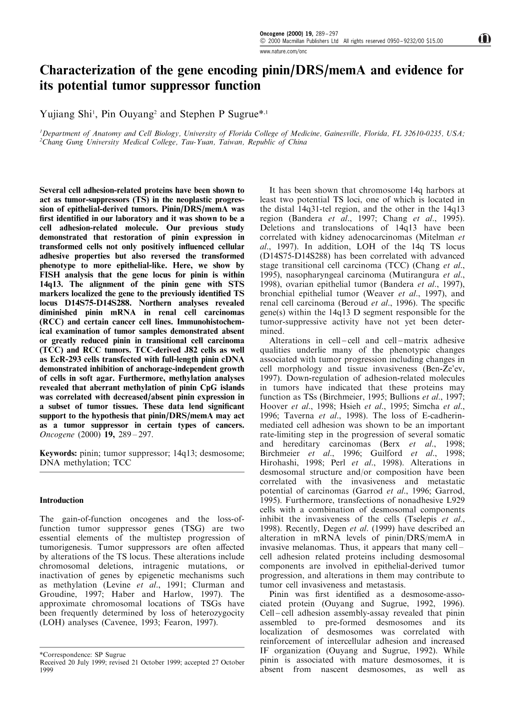 Characterization of the Gene Encoding Pinin/DRS/Mema and Evidence for Its Potential Tumor Suppressor Function