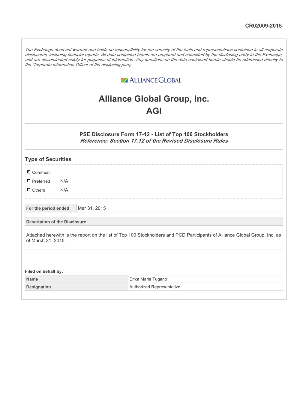 Alliance Global Group, Inc. AGI