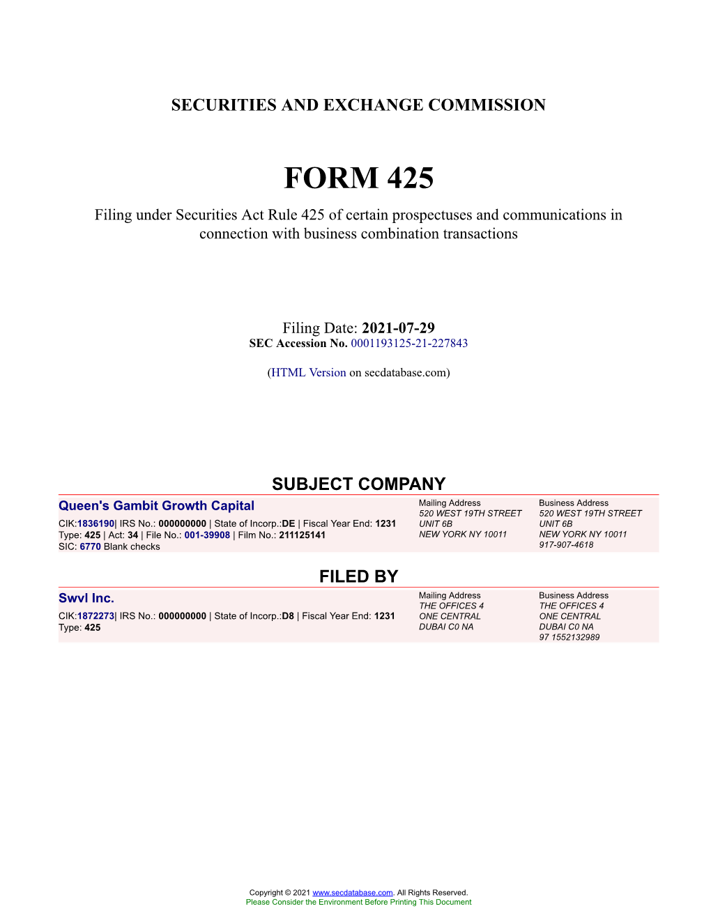 Queen's Gambit Growth Capital Form 425 Filed 2021-07-29