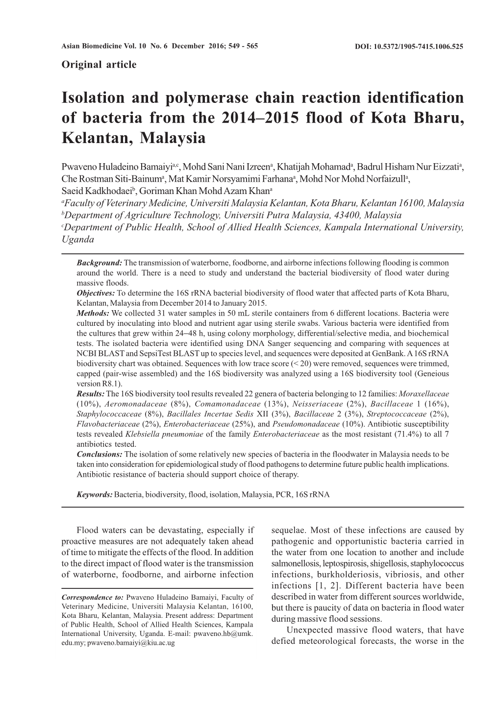 Isolation and Polymerase Chain Reaction Identification of Bacteria from the 2014–2015 Flood of Kota Bharu, Kelantan, Malaysia