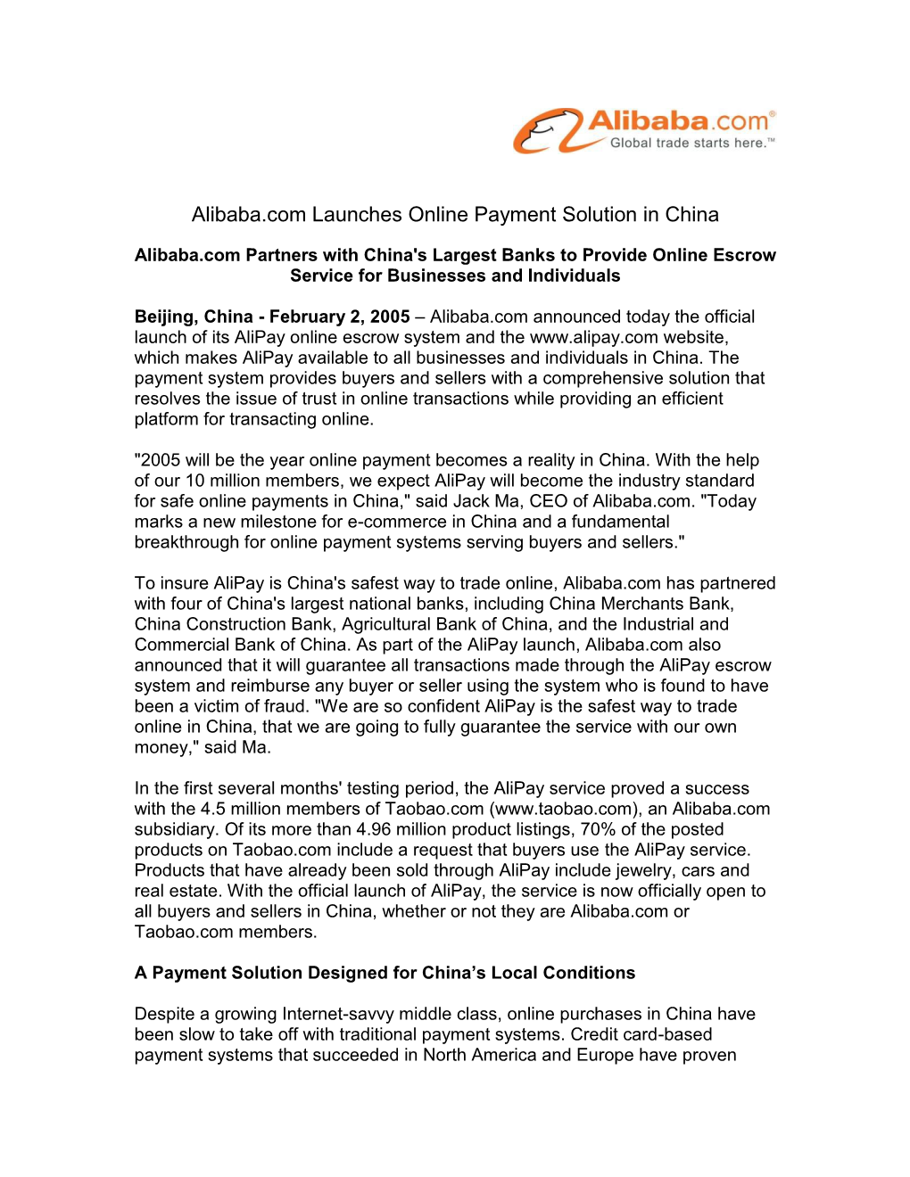 (2005), 'Alibaba.Com Launches Online Payment Solutions in China'