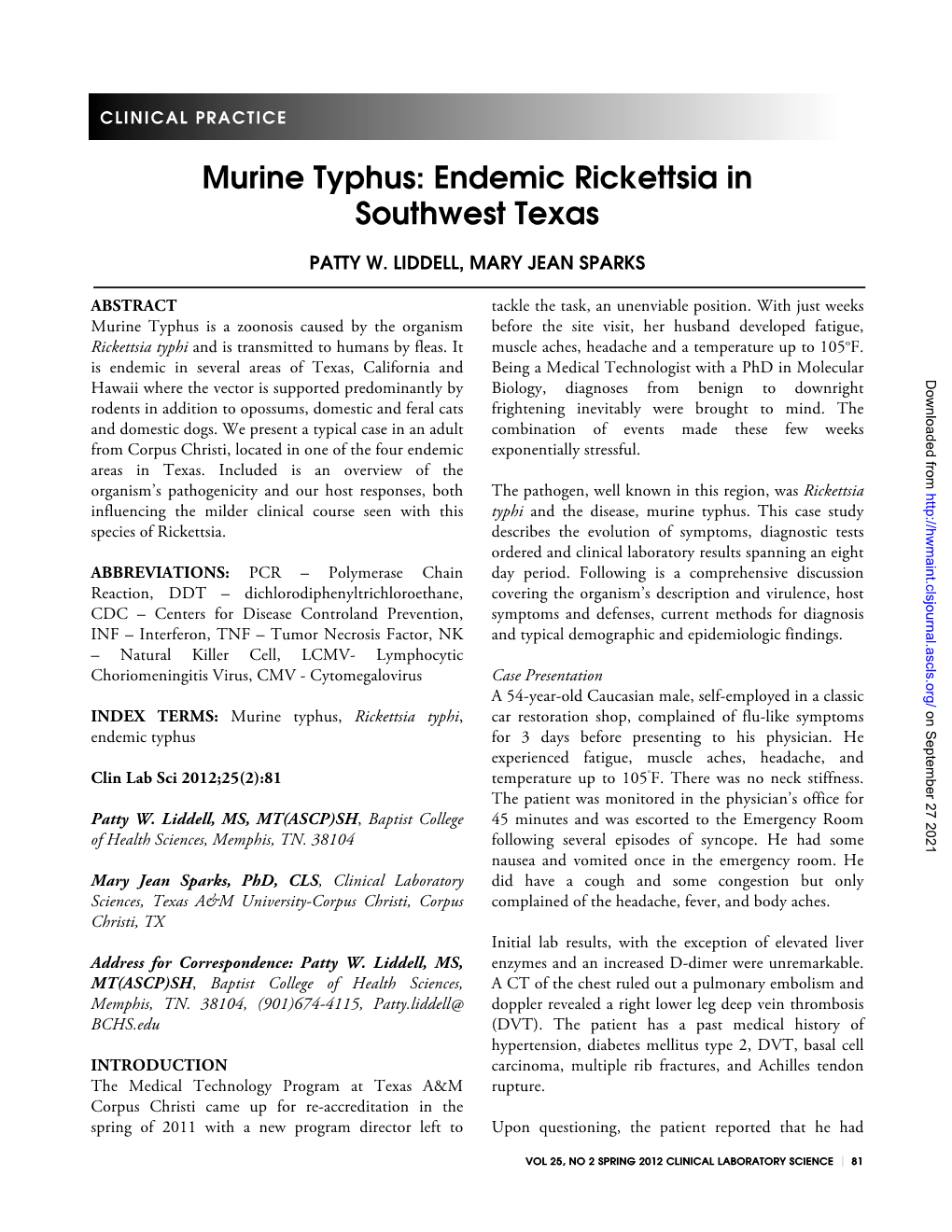 Murine Typhus: Endemic Rickettsia in Southwest Texas