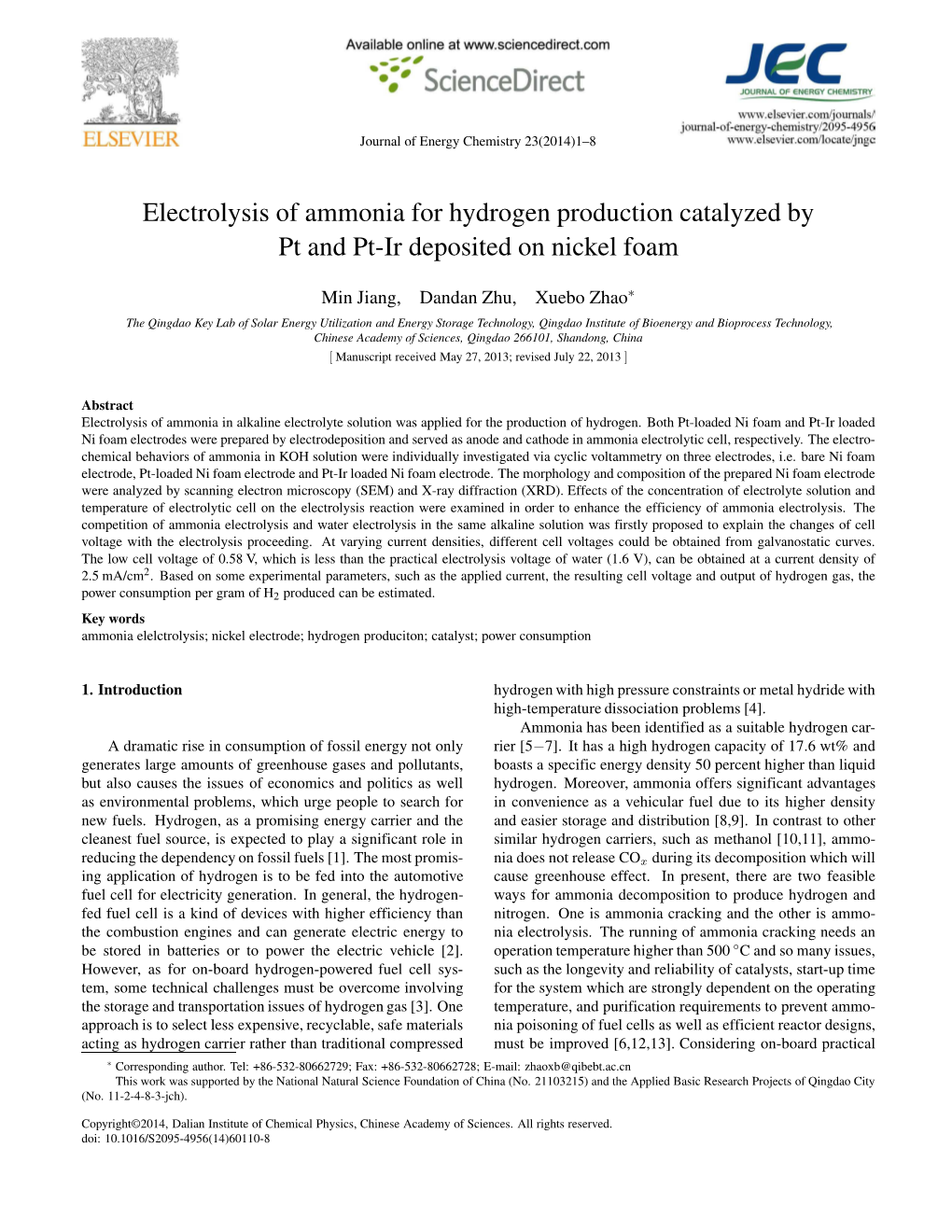 Electrolysis of Ammonia for Hydrogen Production Catalyzed by Pt and Pt-Ir Deposited on Nickel Foam