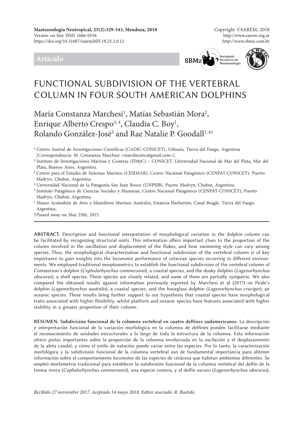 Functional Subdivision of the Vertebral Column in Four South American Dolphins