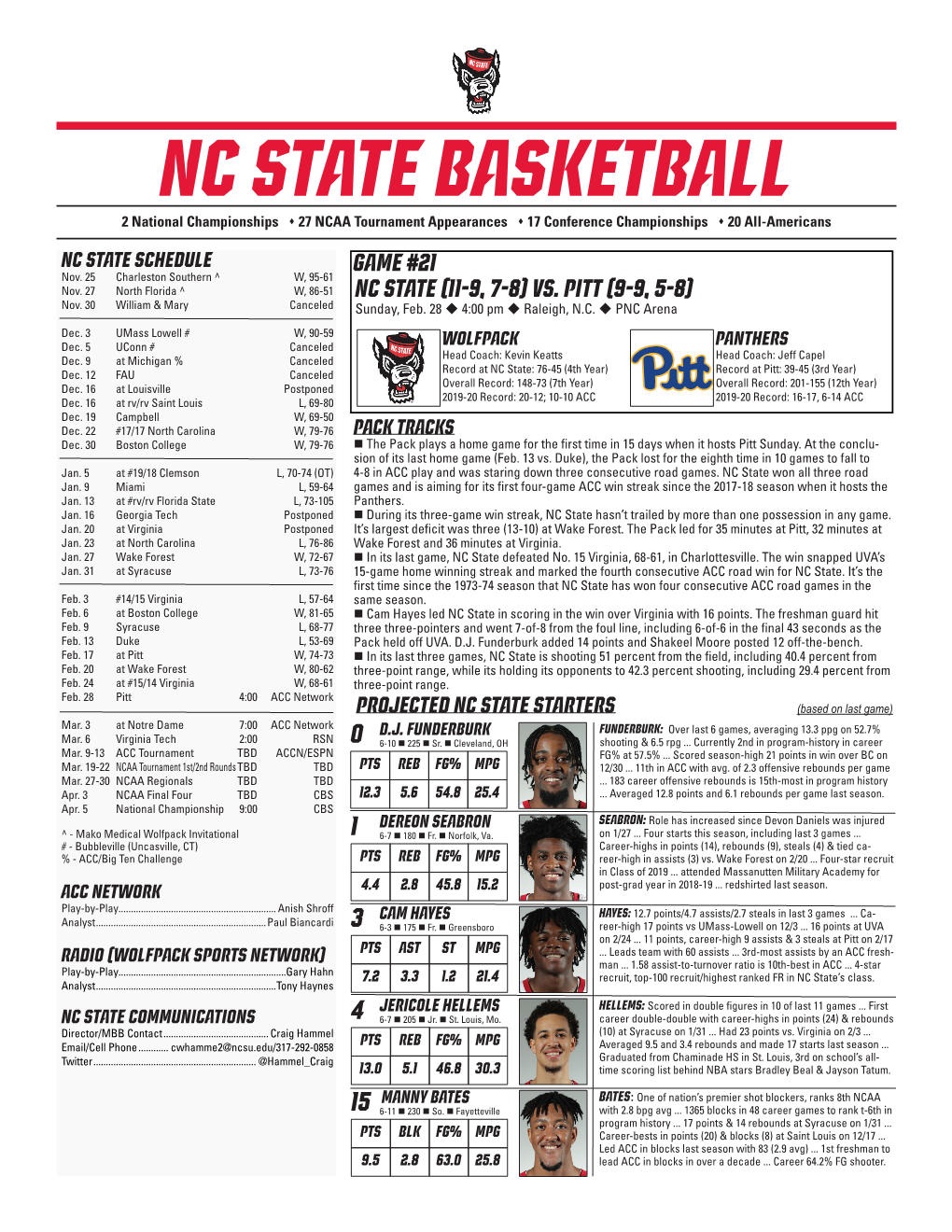 NC State Basketball 2 National Championships S 27 NCAA Tournament Appearances S 17 Conference Championships S 20 All-Americans