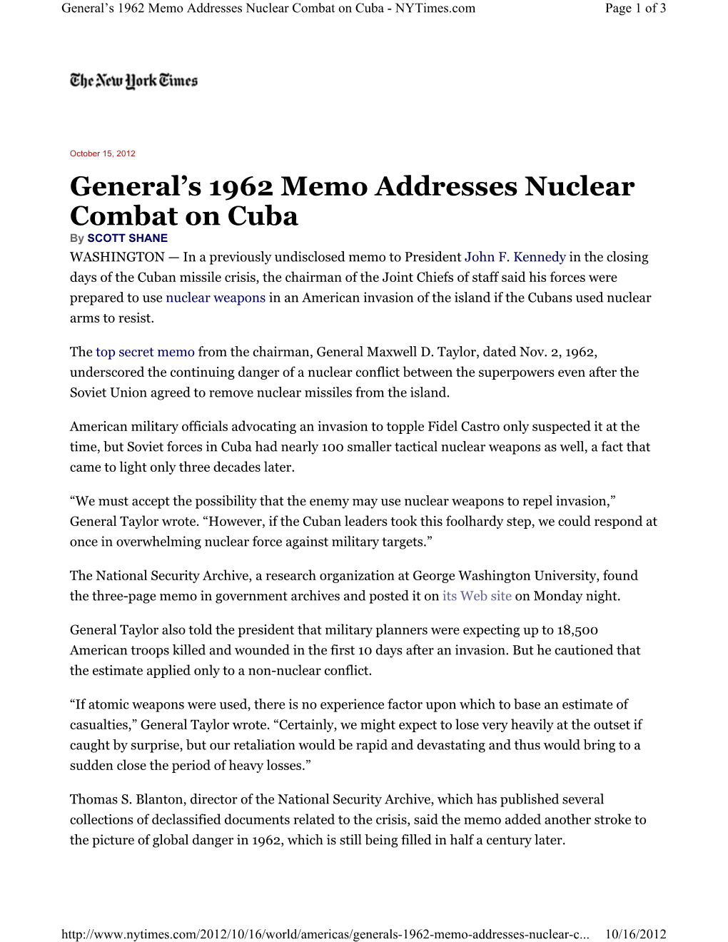 General's 1962 Memo Addresses Nuclear Combat on Cuba