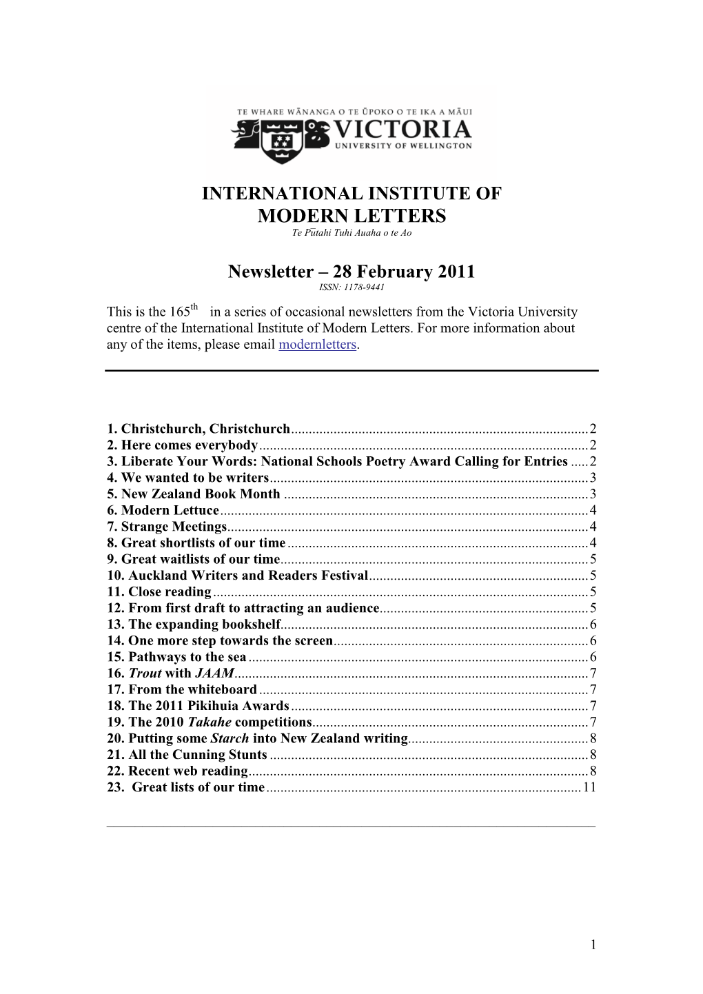 Newsletter – 28 February 2011 ISSN: 1178-9441