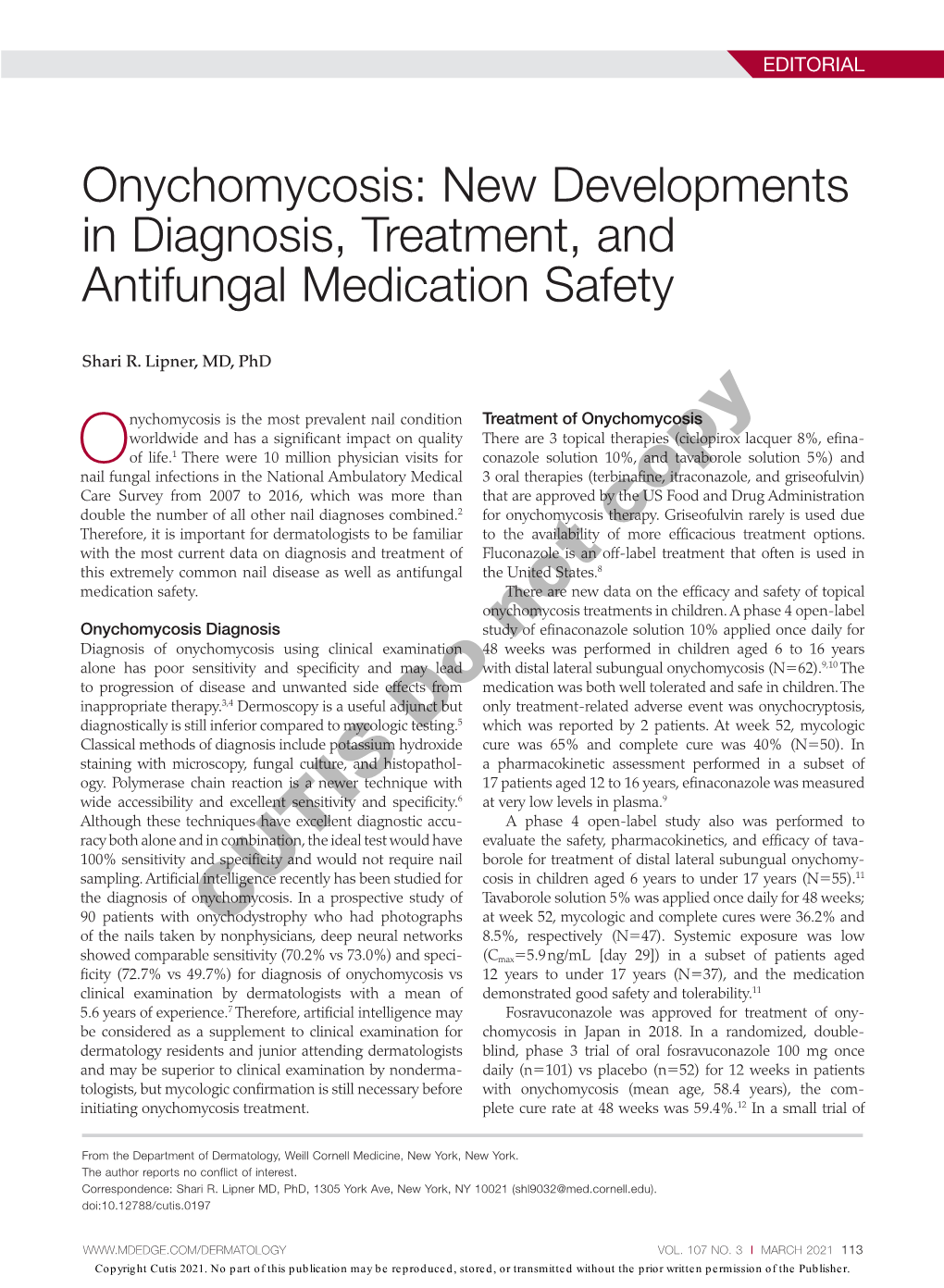 Onychomycosis: New Developments in Diagnosis, Treatment, and Antifungal Medication Safety