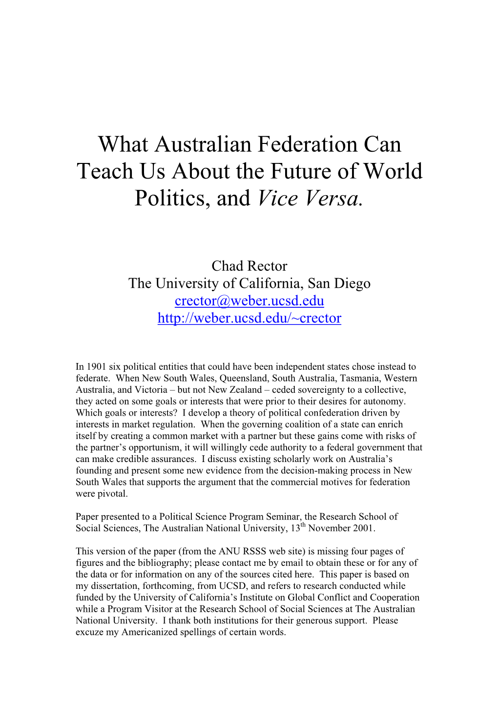 What Australian Federation Can Teach Us About the Future of World Politics, and Vice Versa