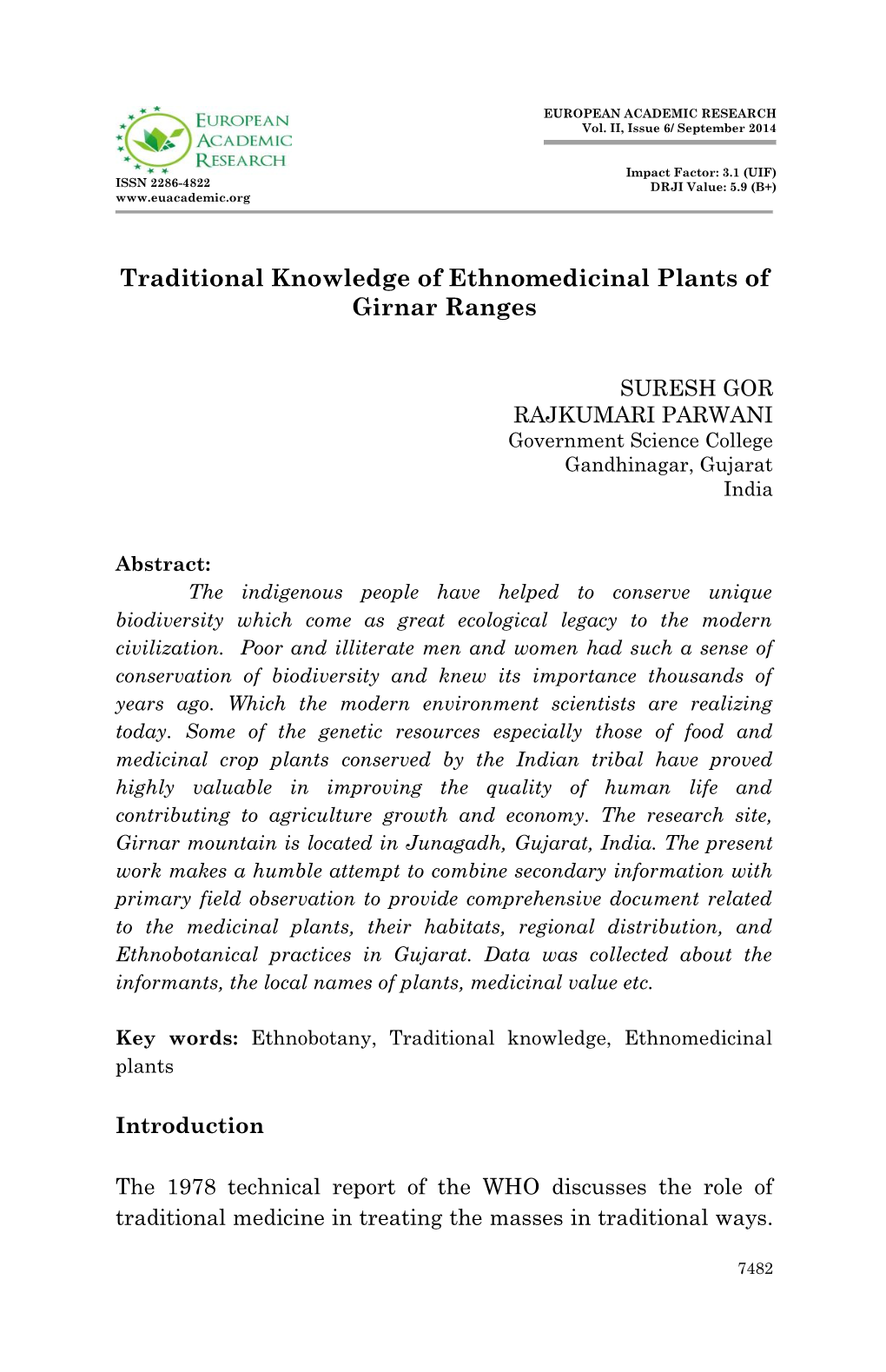 Traditional Knowledge of Ethnomedicinal Plants of Girnar Ranges