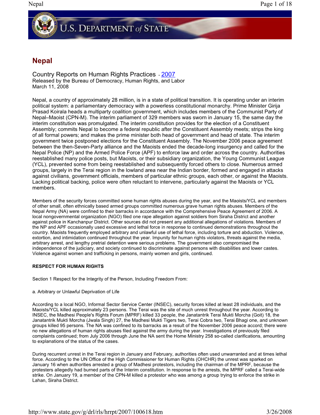 Country Reports on Human Rights Practices - 2007 Released by the Bureau of Democracy, Human Rights, and Labor March 11, 2008