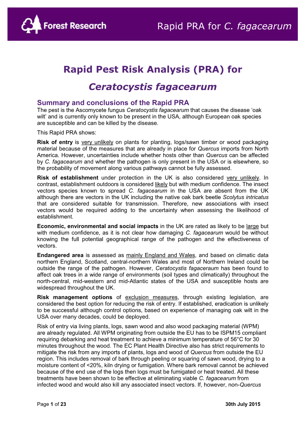 Rapid Pest Risk Analysis (PRA) for Ceratocystis Fagacearum