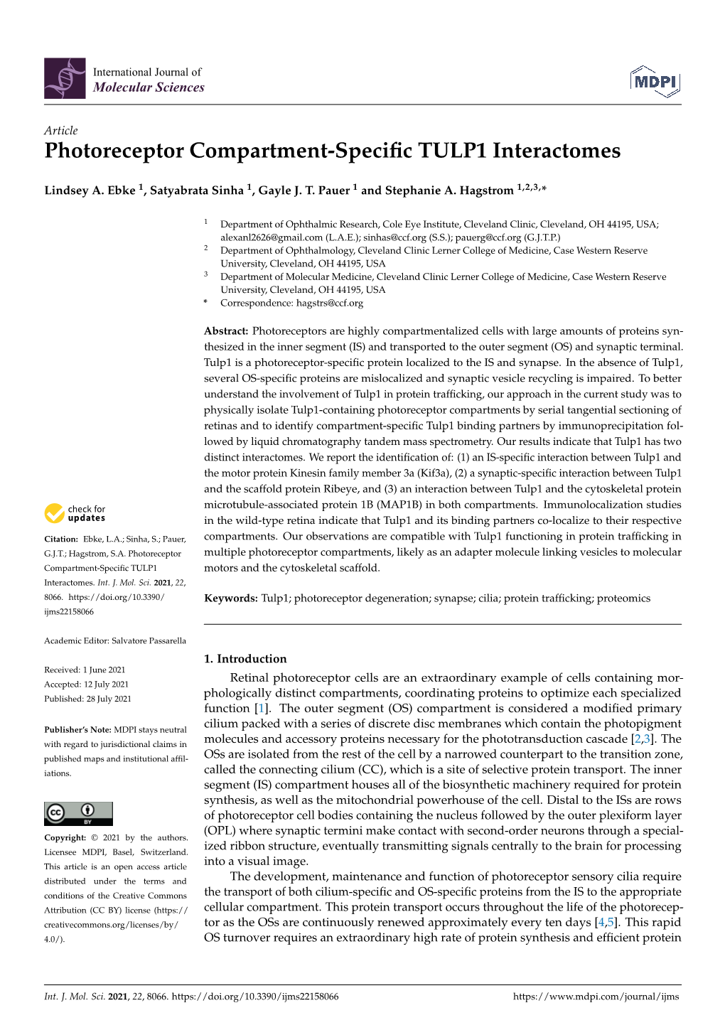 Photoreceptor Compartment-Specific TULP1 Interactomes