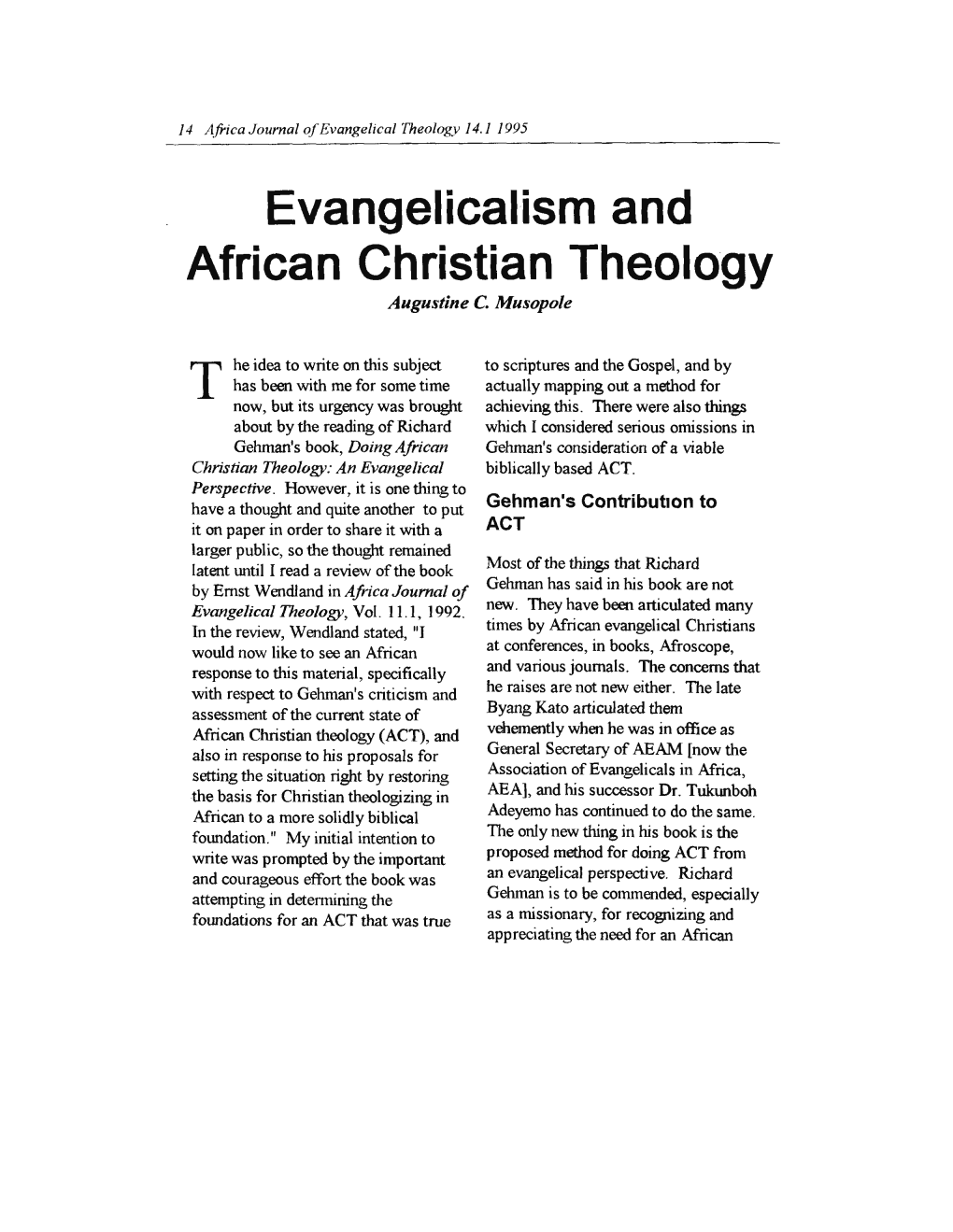 Evangelicalism and African Christian Theology Augustine C