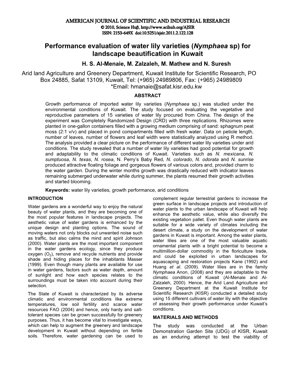 Performance Evaluation of Water Lily Varieties (Nymphaea Sp) for Landscape Beautification in Kuwait H