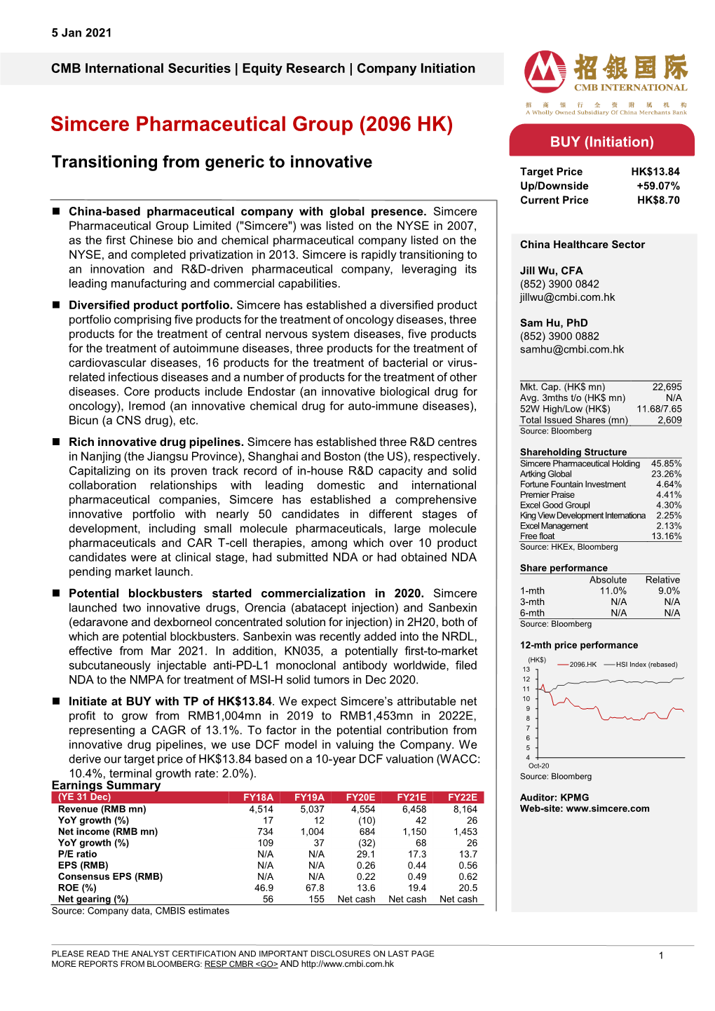 Simcere Pharmaceutical Group (2096 HK) BUY (Initiation)