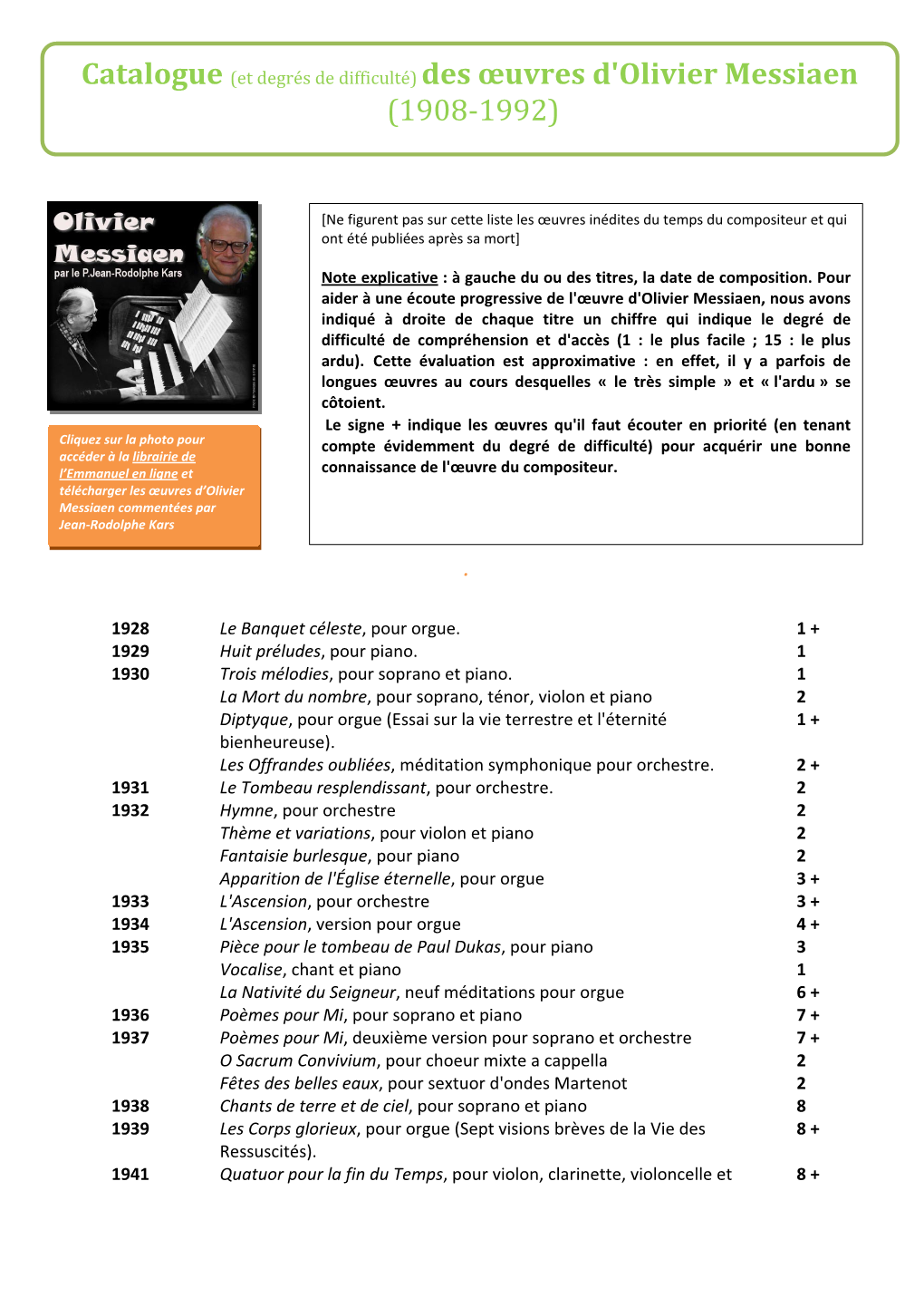 Catalogue Des Œuvres D'olivier Messiaen