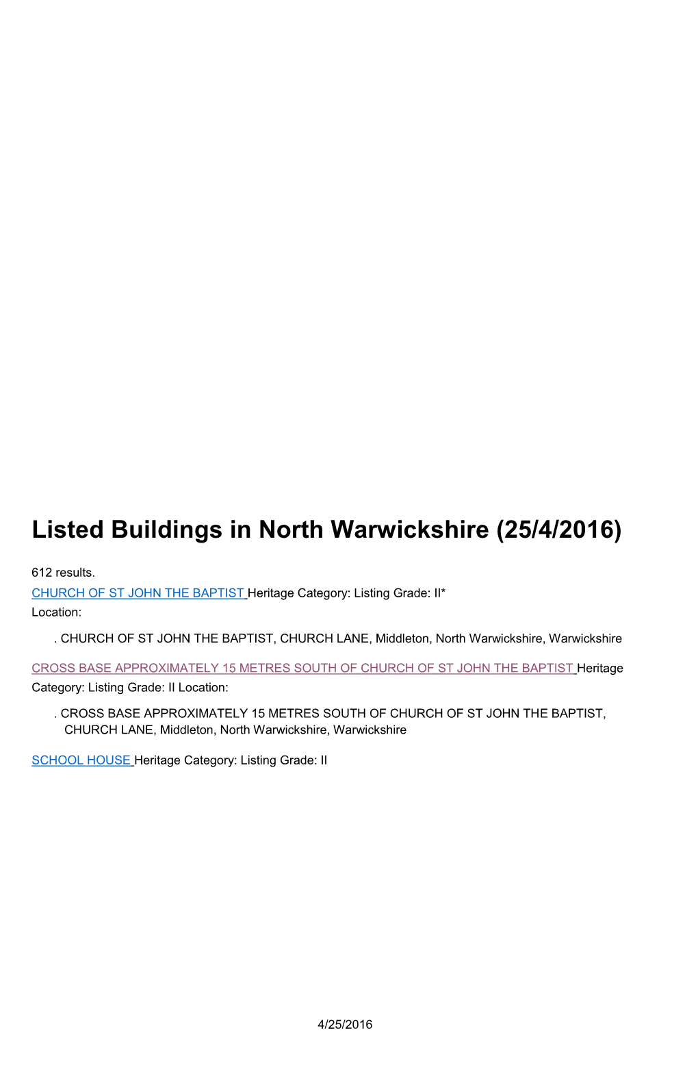 Listed Buildings in North Warwickshire (25/4/2016)