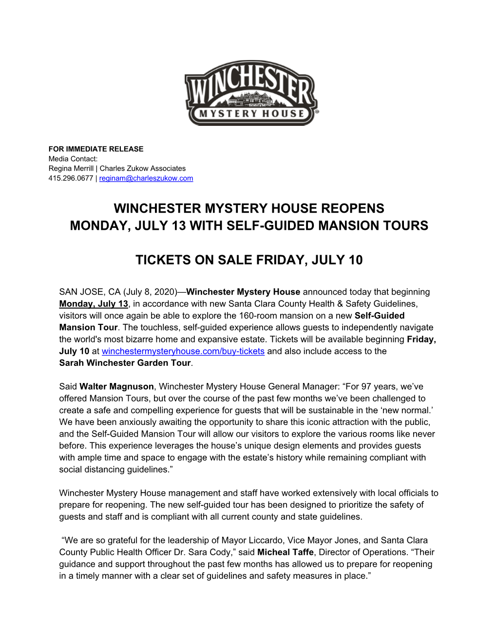 Winchester Mystery House Reopens Monday, July 13 with Self-Guided Mansion Tours