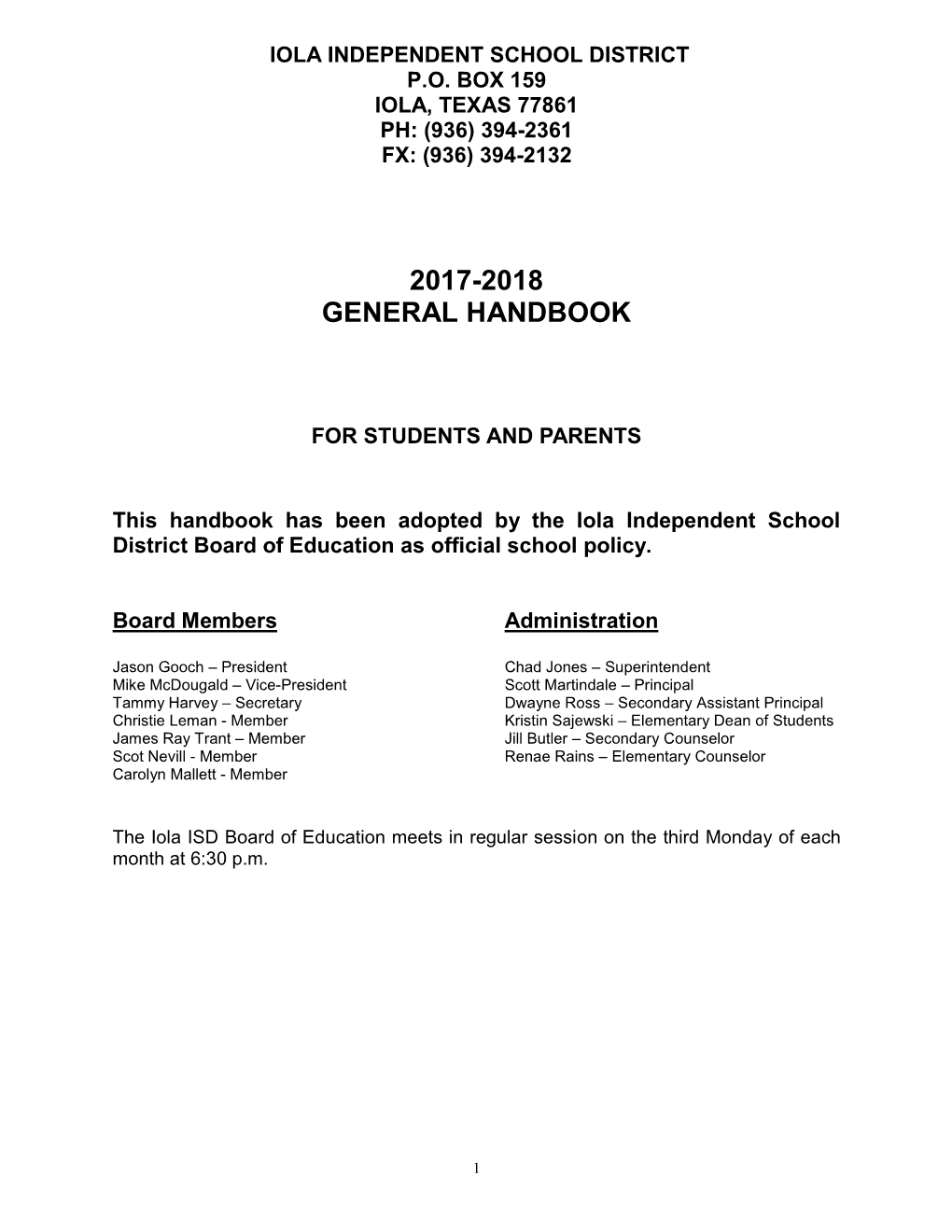 TASB Model Student Handbook