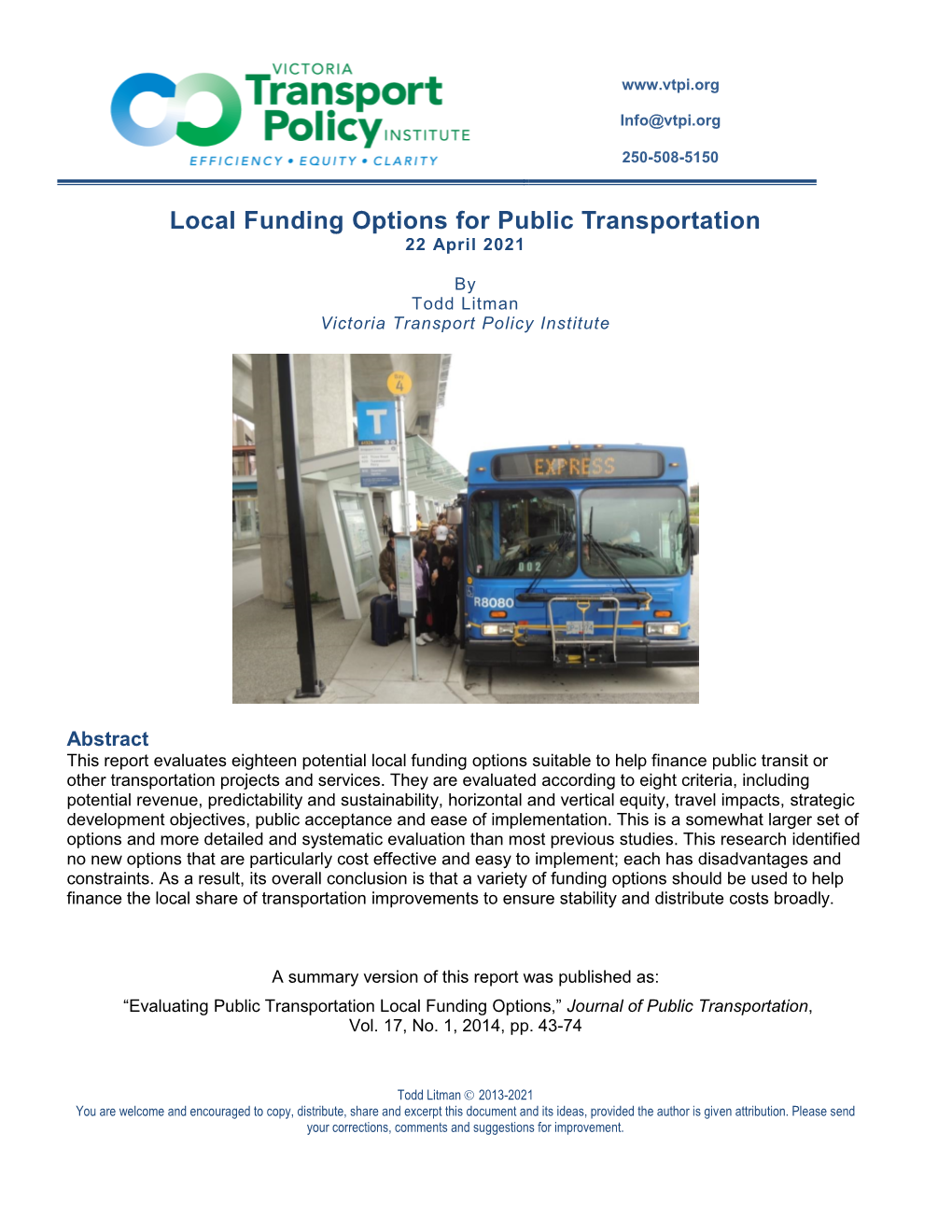 Local Funding Options for Public Transportation 22 April 2021