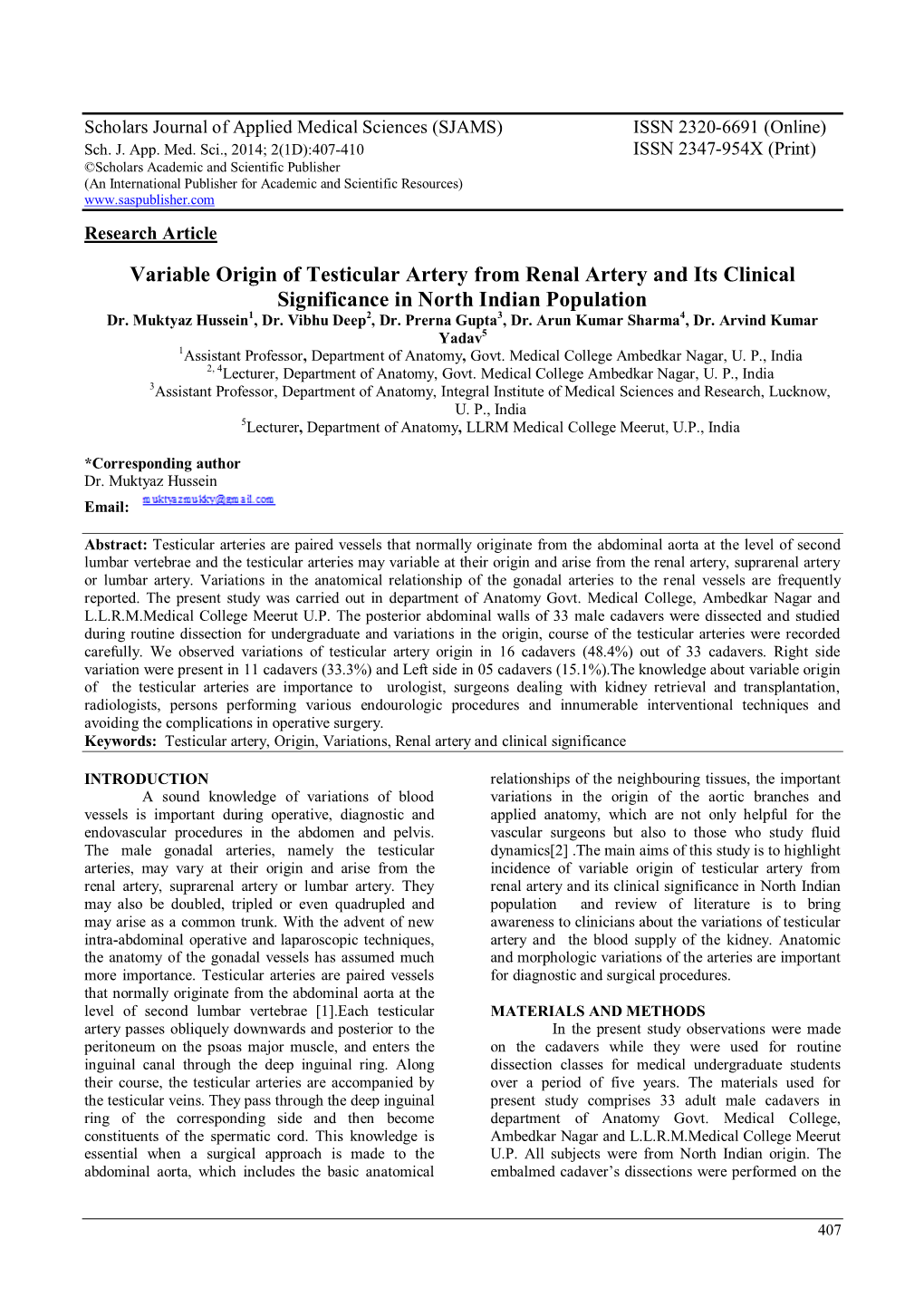 Variable Origin of Testicular Artery from Renal Artery and Its Clinical Significance in North Indian Population Dr