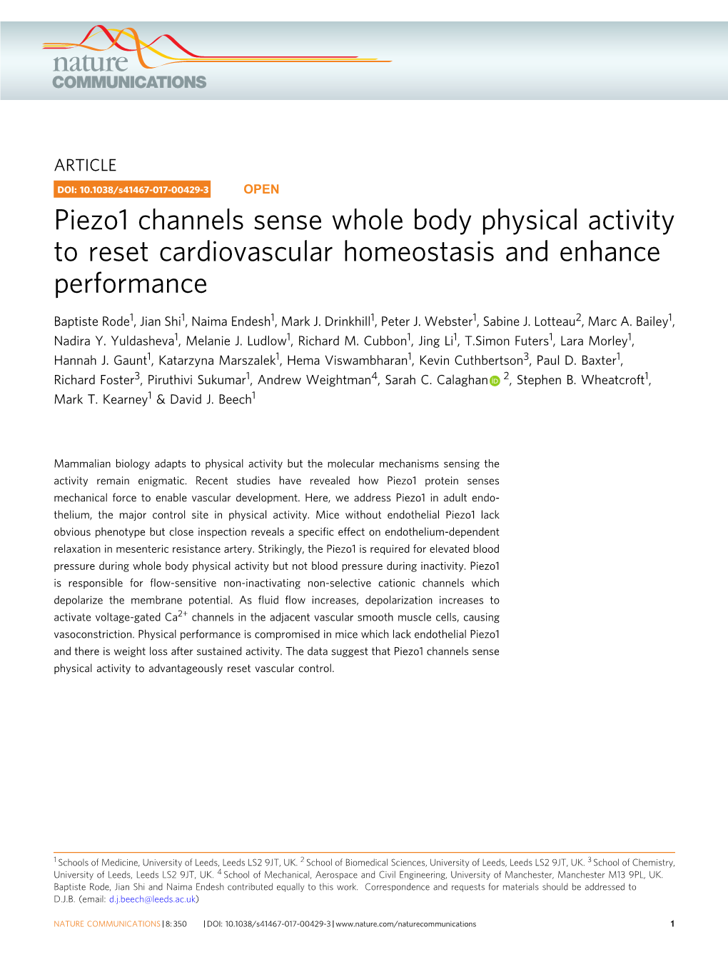Piezo1 Channels Sense Whole Body Physical Activity to Reset Cardiovascular Homeostasis and Enhance Performance