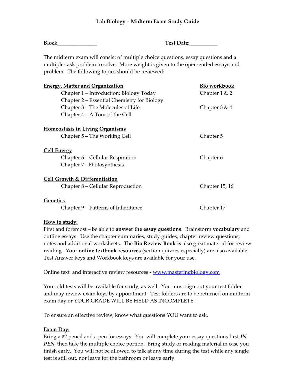 Lab Biology Midterm Exam Study Guide