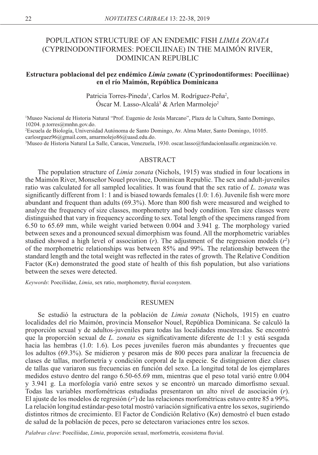 Population Structure of an Endemic Fish Limia Zonata (Cyprinodontiformes: Poeciliinae) in the Maimón River, Dominican Republic