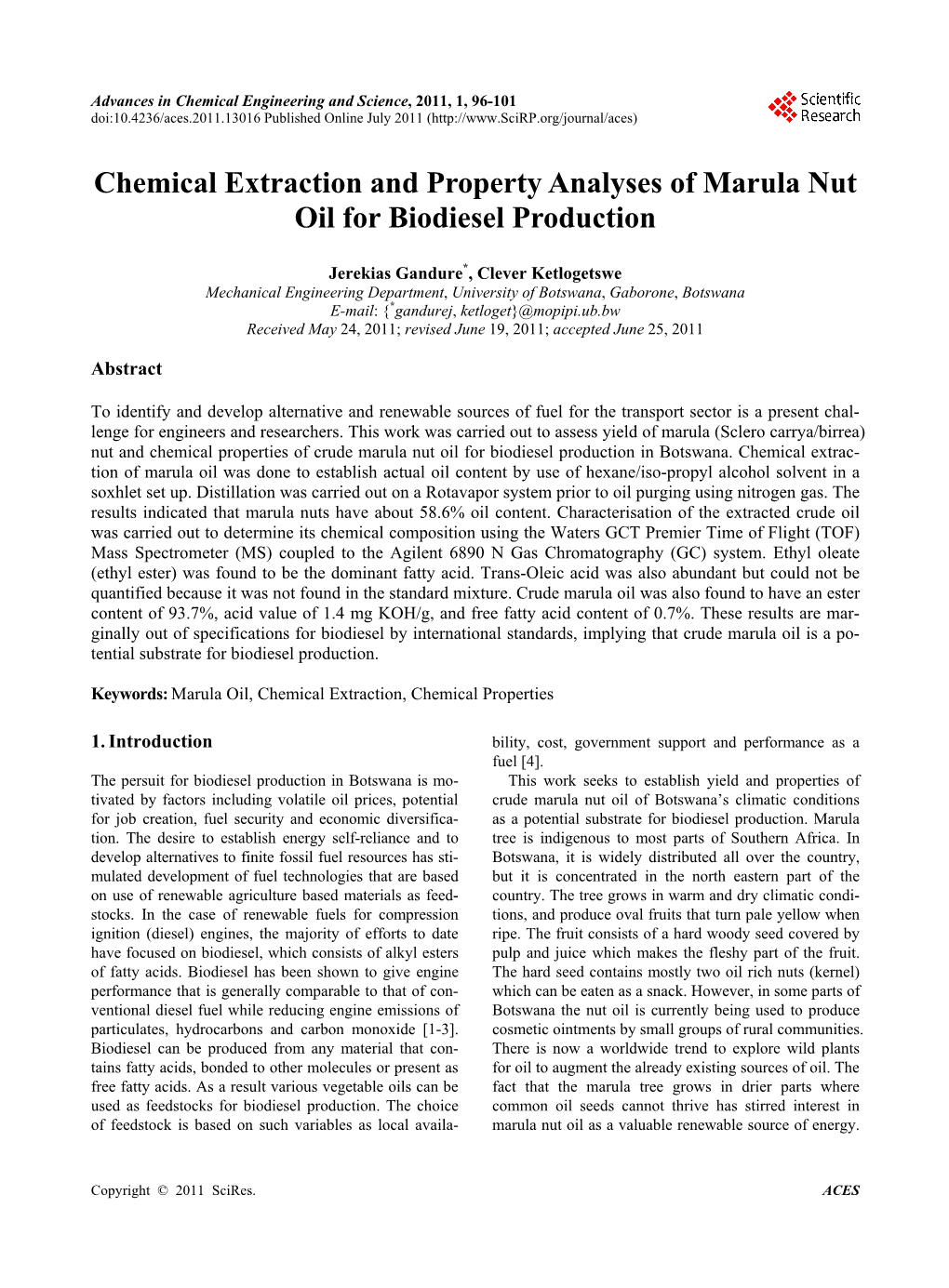 Chemical Extraction and Property Analyses of Marula Nut Oil for Biodiesel Production