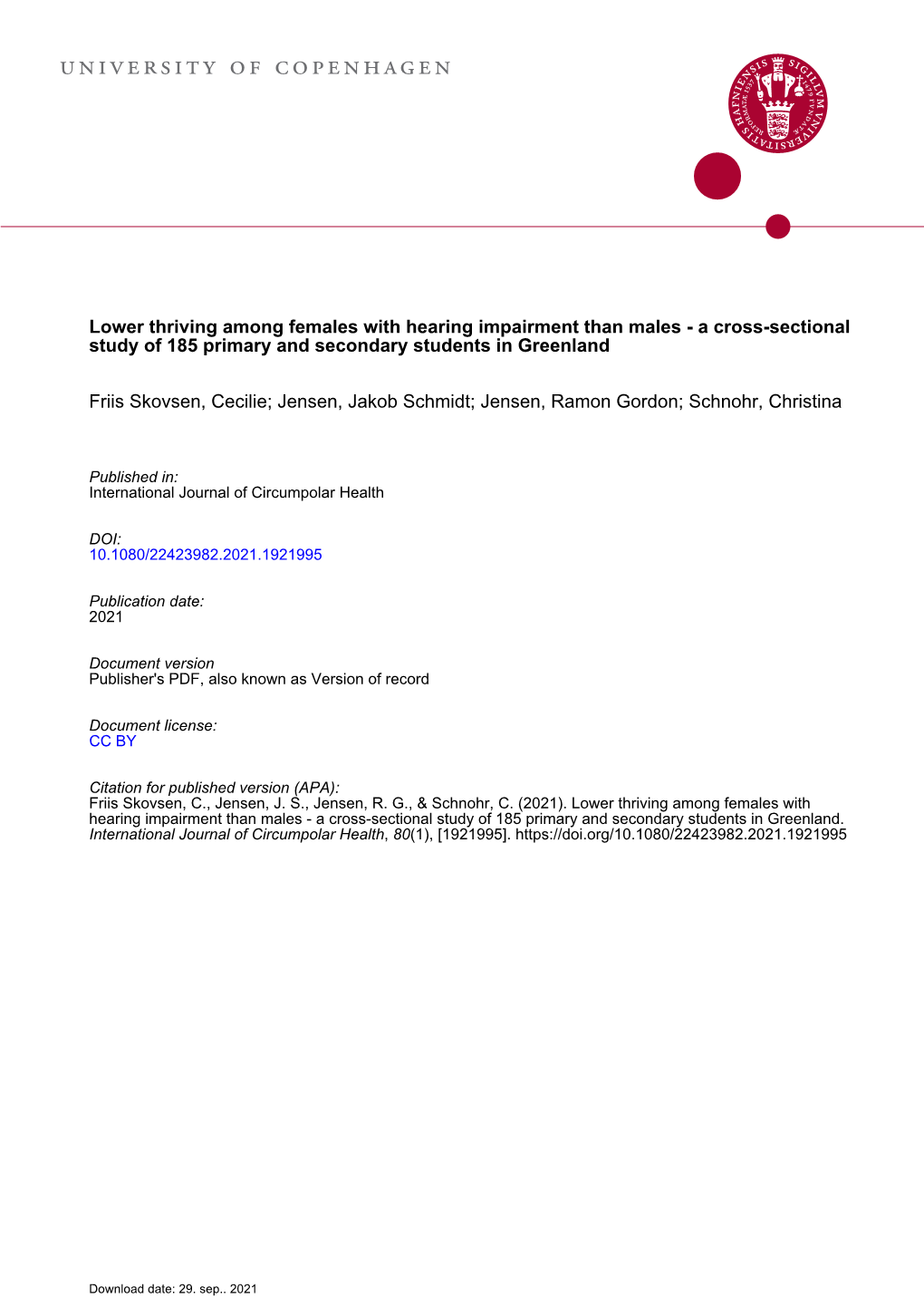 Lower Thriving Among Females with Hearing Impairment Than Males - a Cross-Sectional Study of 185 Primary and Secondary Students in Greenland