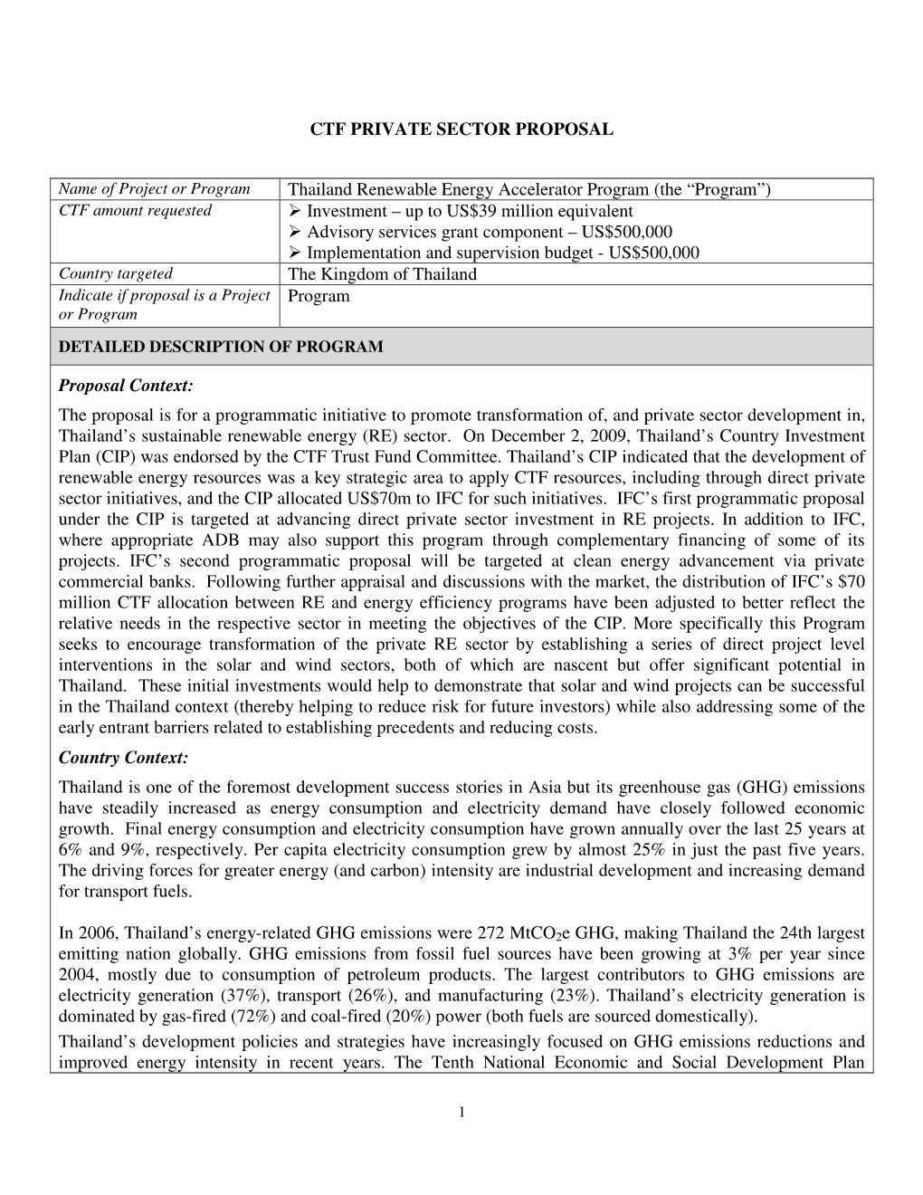 CTF PRIVATE SECTOR PROPOSAL Thailand Renewable Energy Accelerator Program