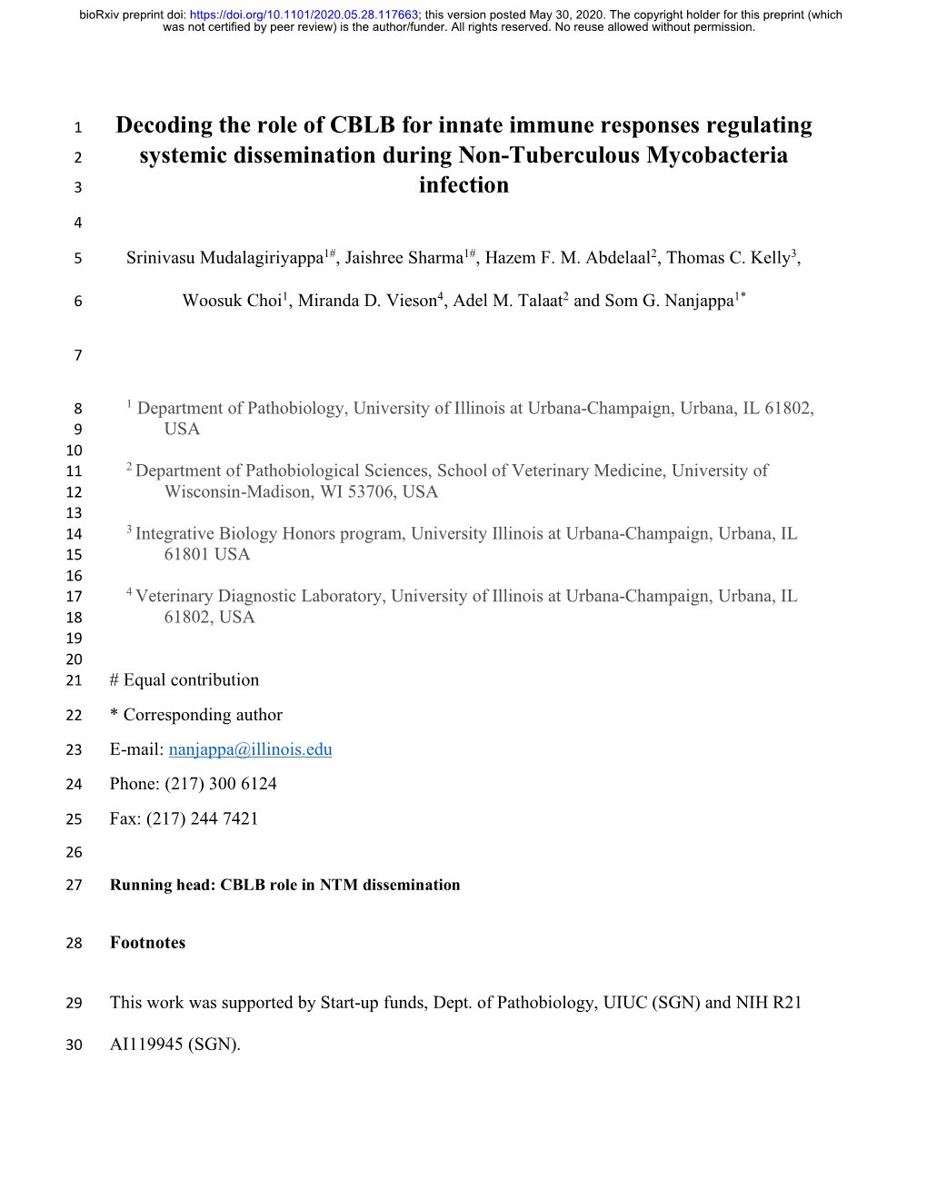 Decoding the Role of CBLB for Innate Immune Responses Regulating 2 Systemic Dissemination During Non-Tuberculous Mycobacteria 3 Infection