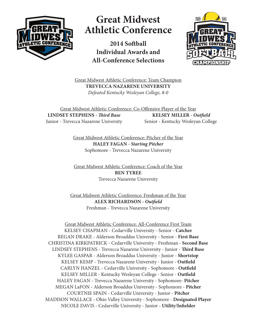 Great Midwest Athletic Conference 2014 Softball Individual Awards and All-Conference Selections