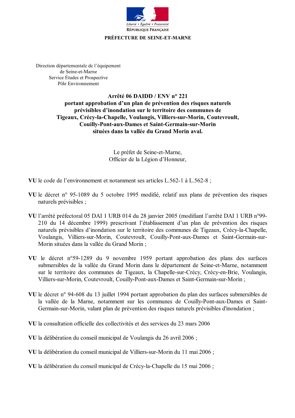 Approuvé Par Arrêté Préfectoral 06 DAIDD ENV N°221 Du 10 Novembre 2006