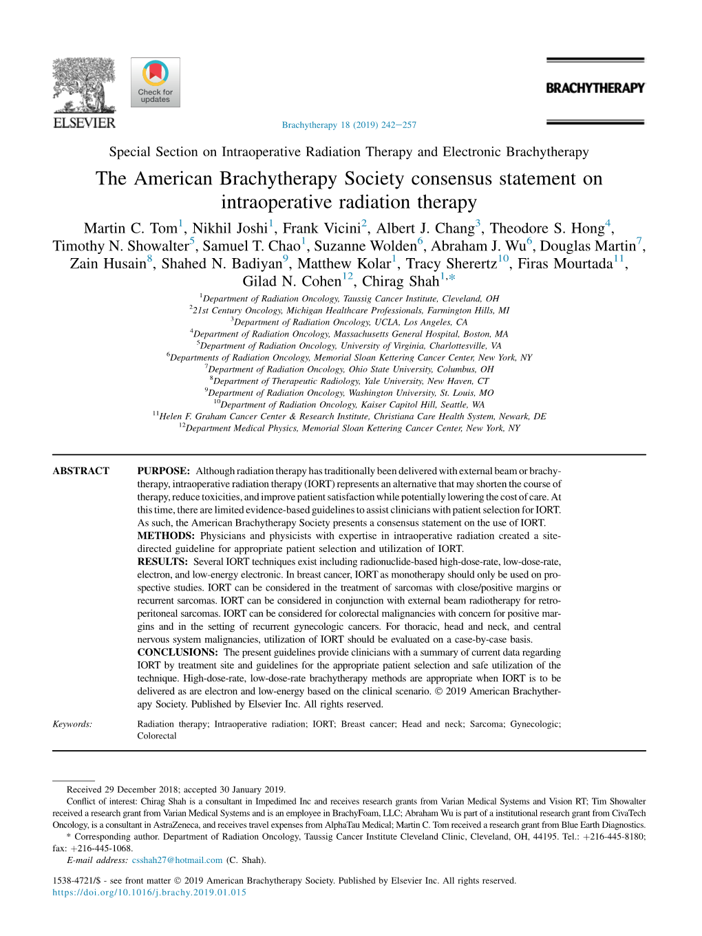 The American Brachytherapy Society Consensus Statement on Intraoperative Radiation Therapy Martin C