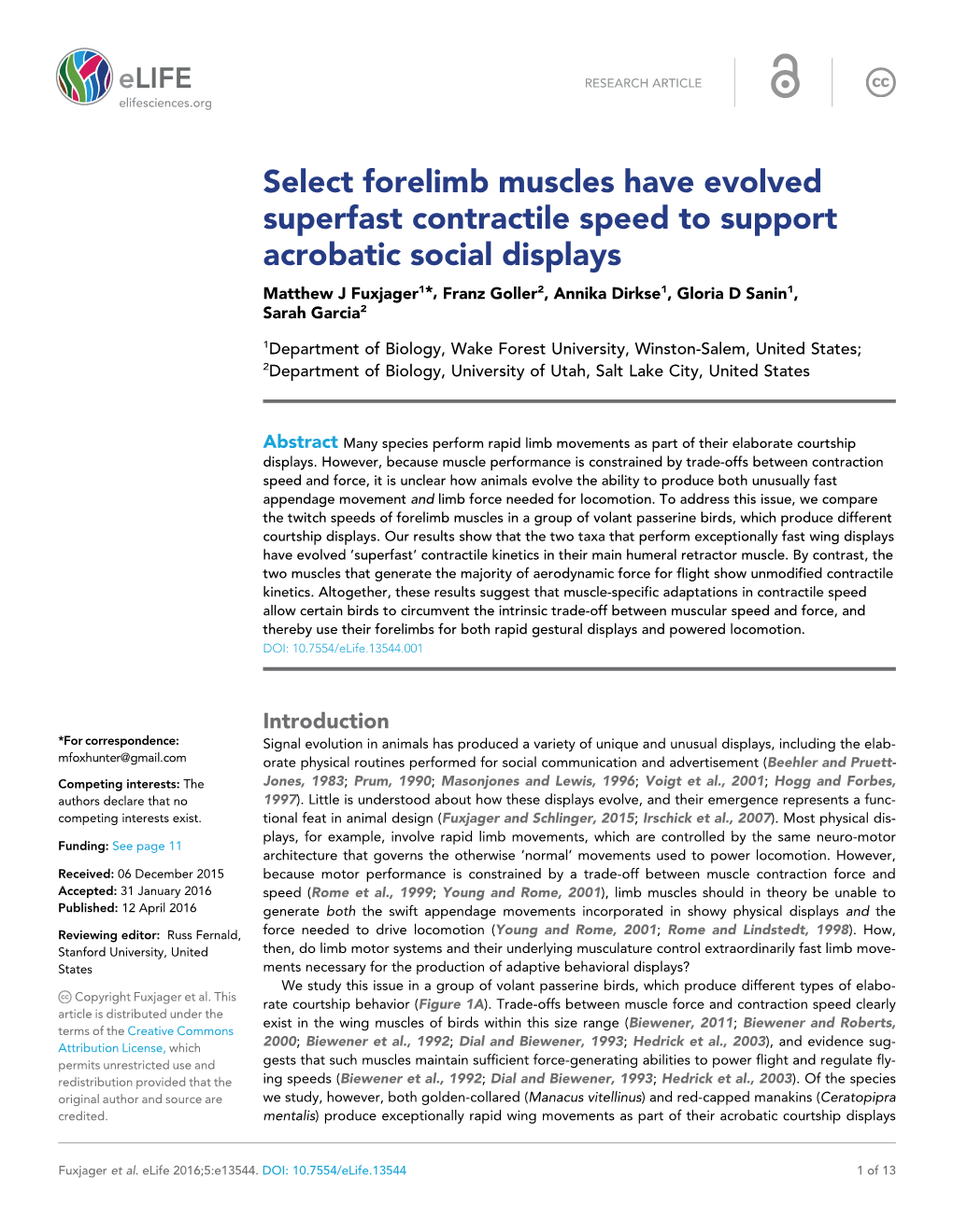 Select Forelimb Muscles Have Evolved Superfast Contractile Speed to Support Acrobatic Social Displays