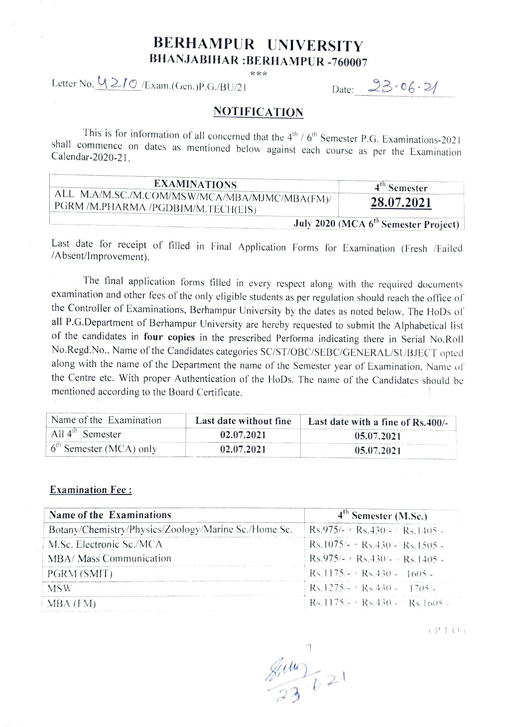 PG 4Th and 6Th Semester Form Fill up For