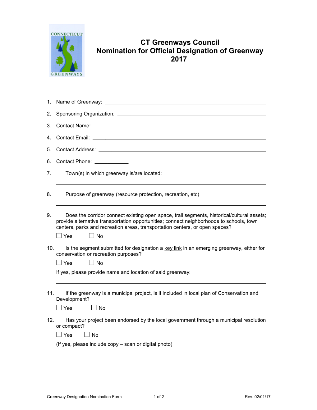 CT Greenways Council Nomination for Official Designation of Greenway 2014