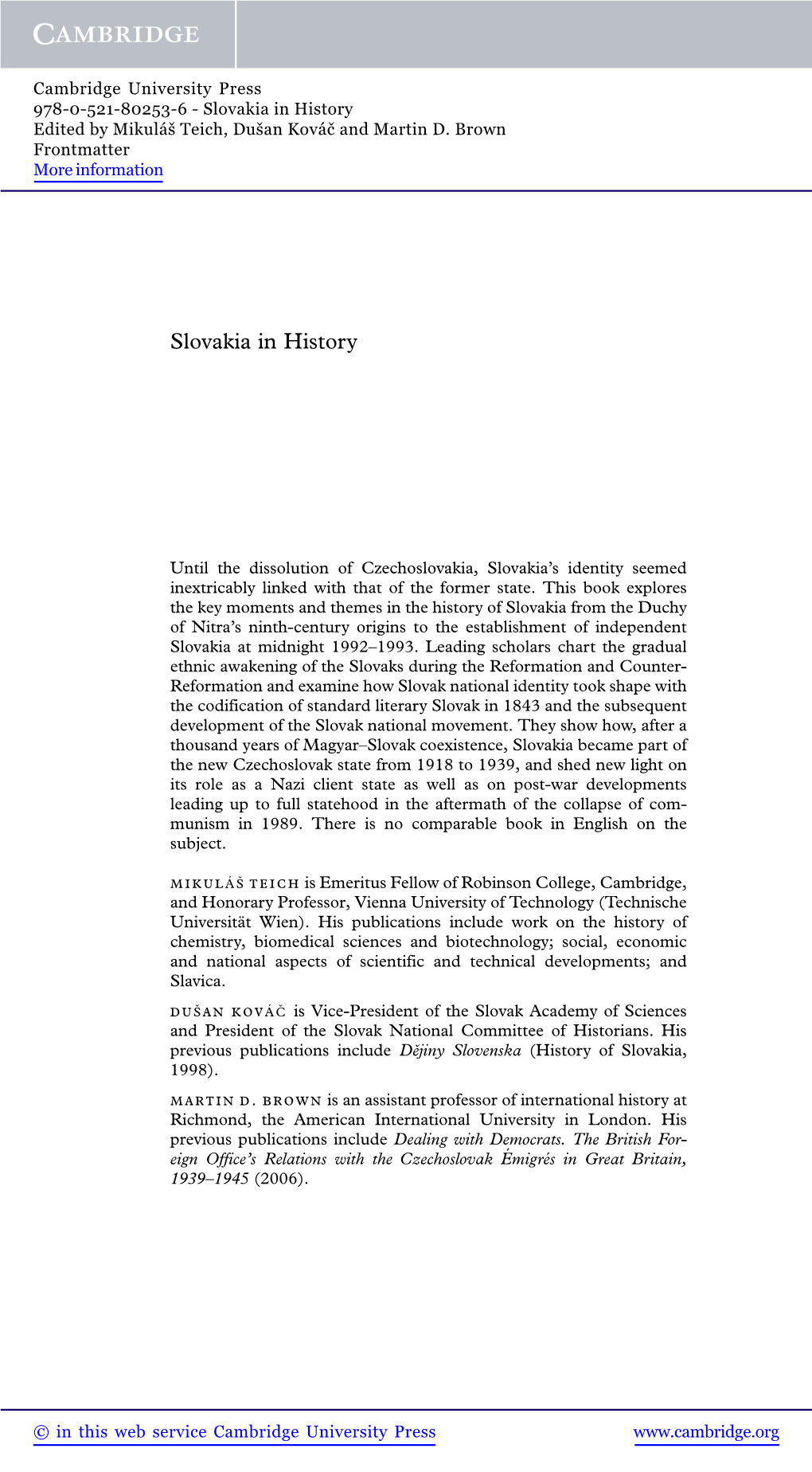 Slovakia in History Edited by Mikuláš Teich, Dušan Kováč and Martin D