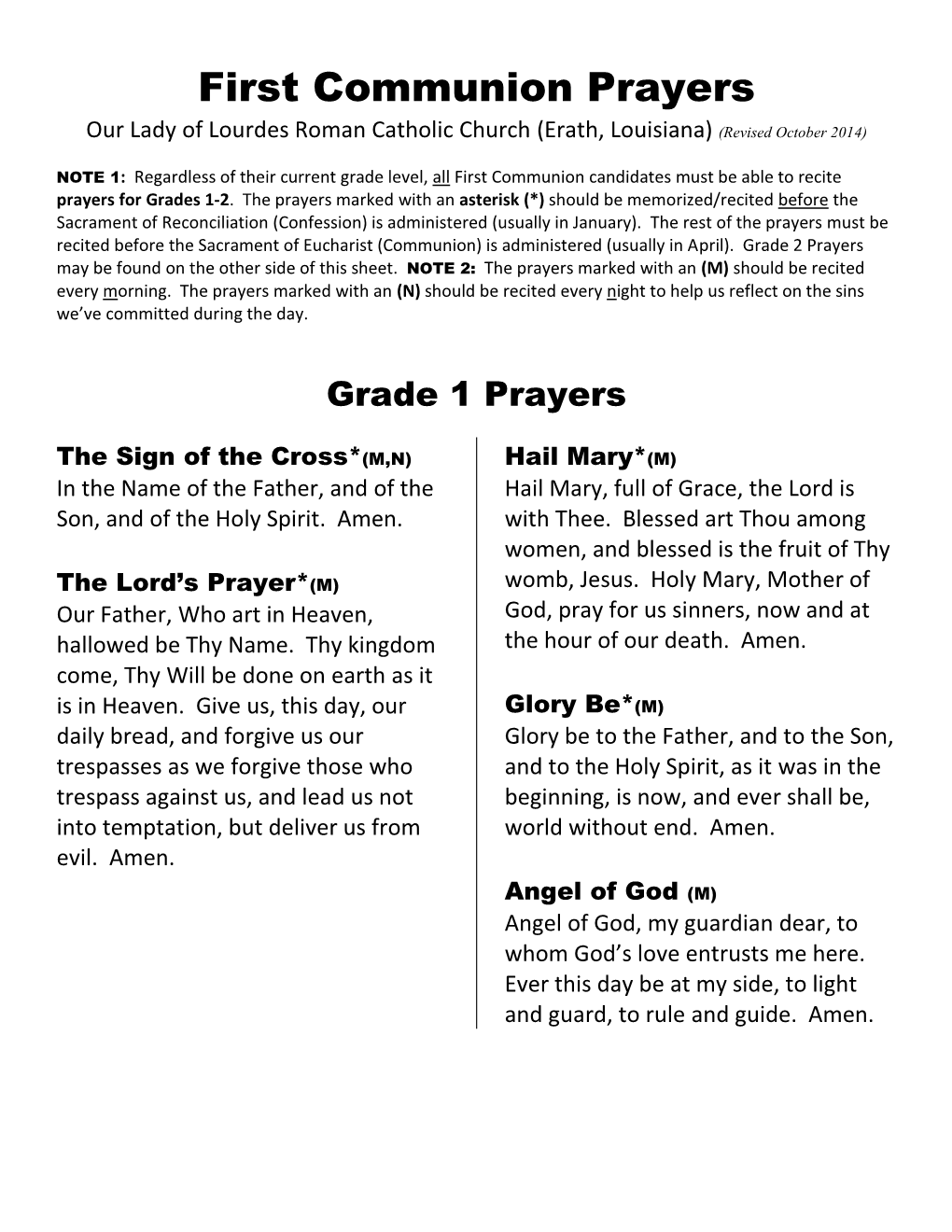 First Communion Prayer Sheet