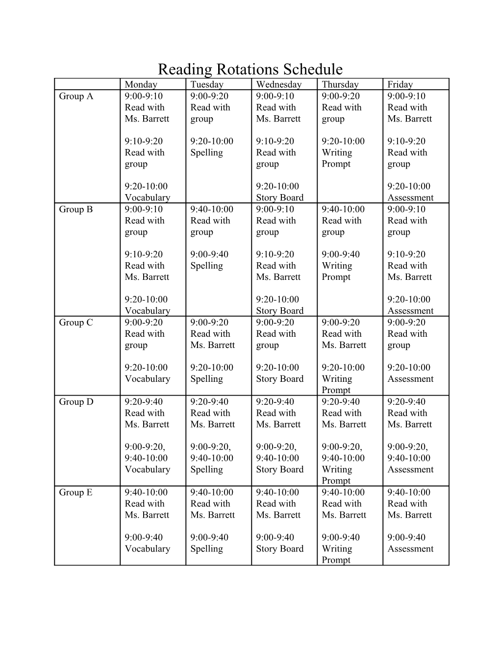 Reading Rotations Schedule