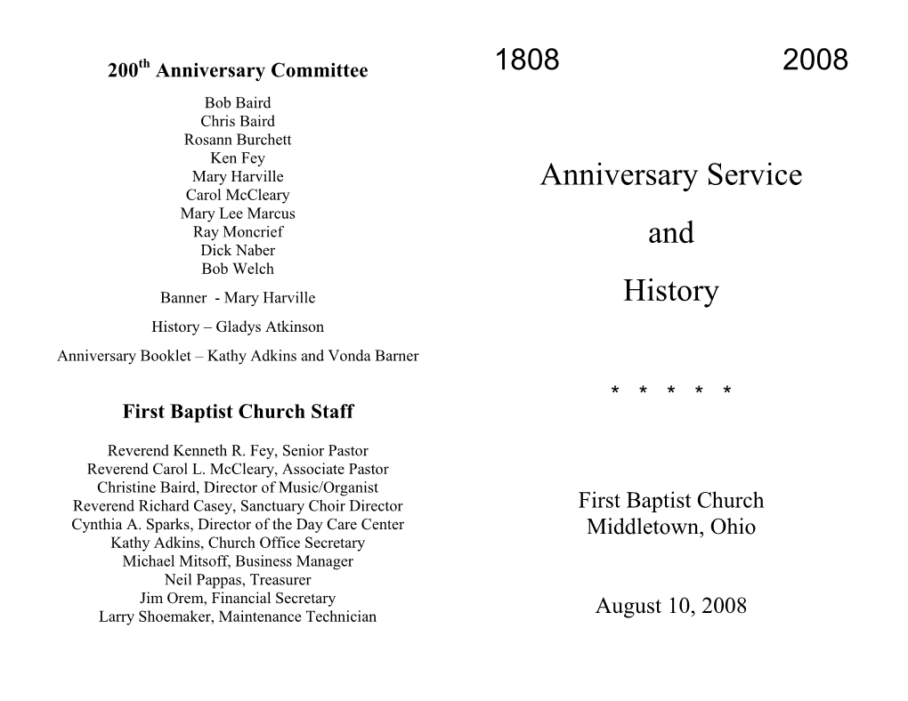 History of First Baptist Church (Several Pioneer Men and Families Had Come to This Middletown, Ohio Uninhabited Area Before Daniel Doty