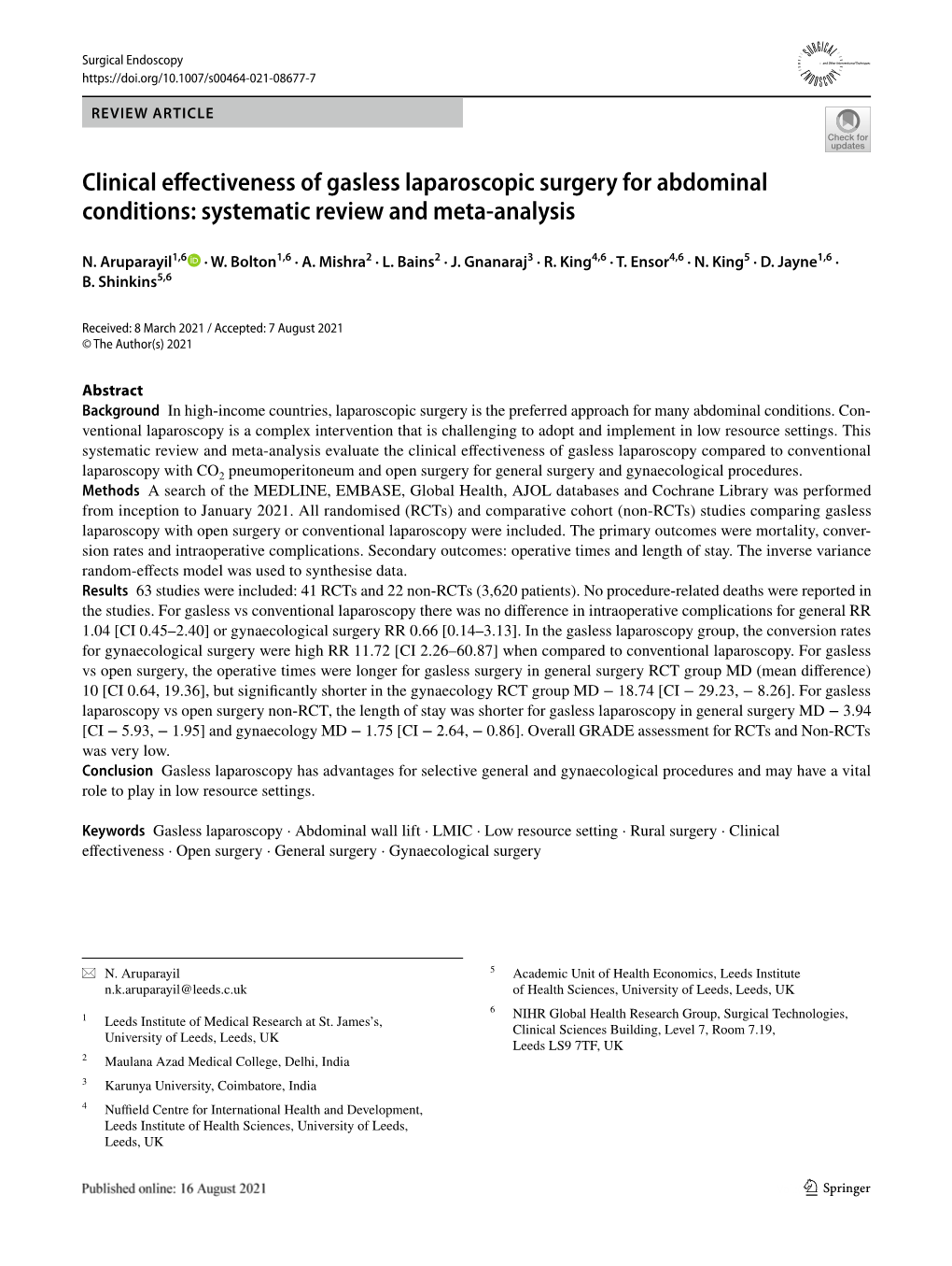 Clinical Effectiveness of Gasless Laparoscopic Surgery for Abdominal Conditions: Systematic Review and Meta-Analysis