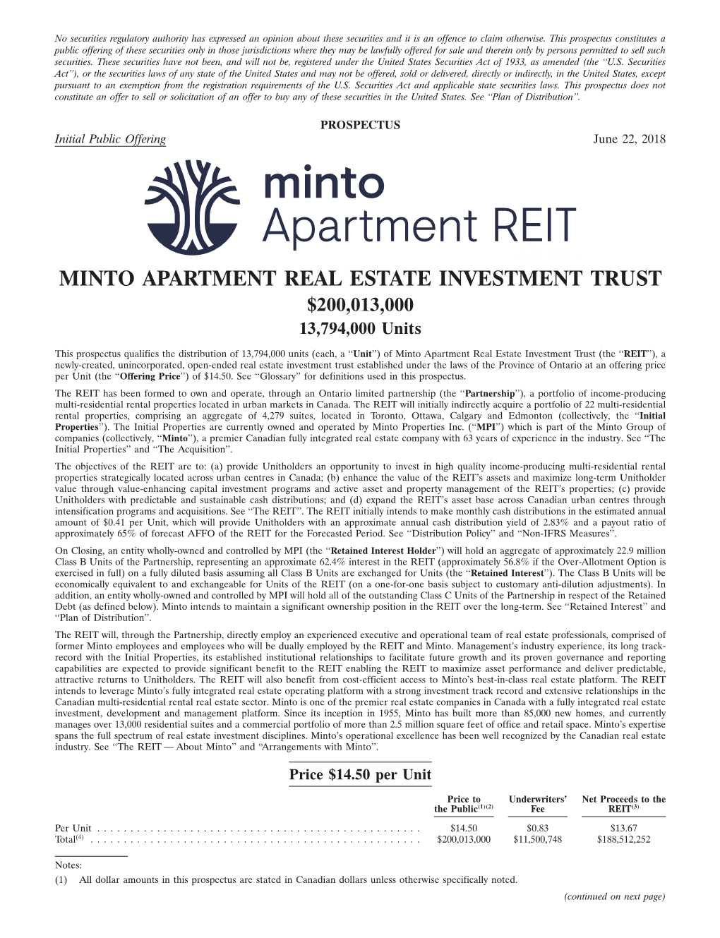 MINTO APARTMENT REAL ESTATE INVESTMENT TRUST $200,013,000 13,794,000 Units