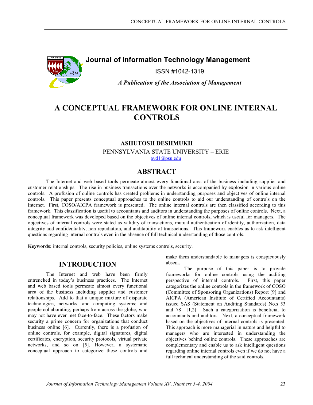 A Conceptual Framework for Online Internal Controls