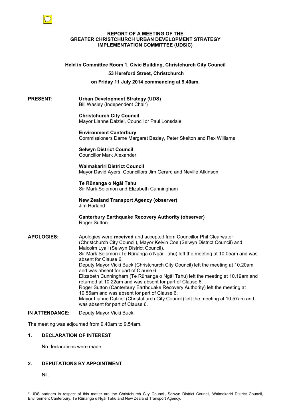 Report of a Meeting of the Greater Christchurch Urban Development Strategy Implementation Committee (Udsic)