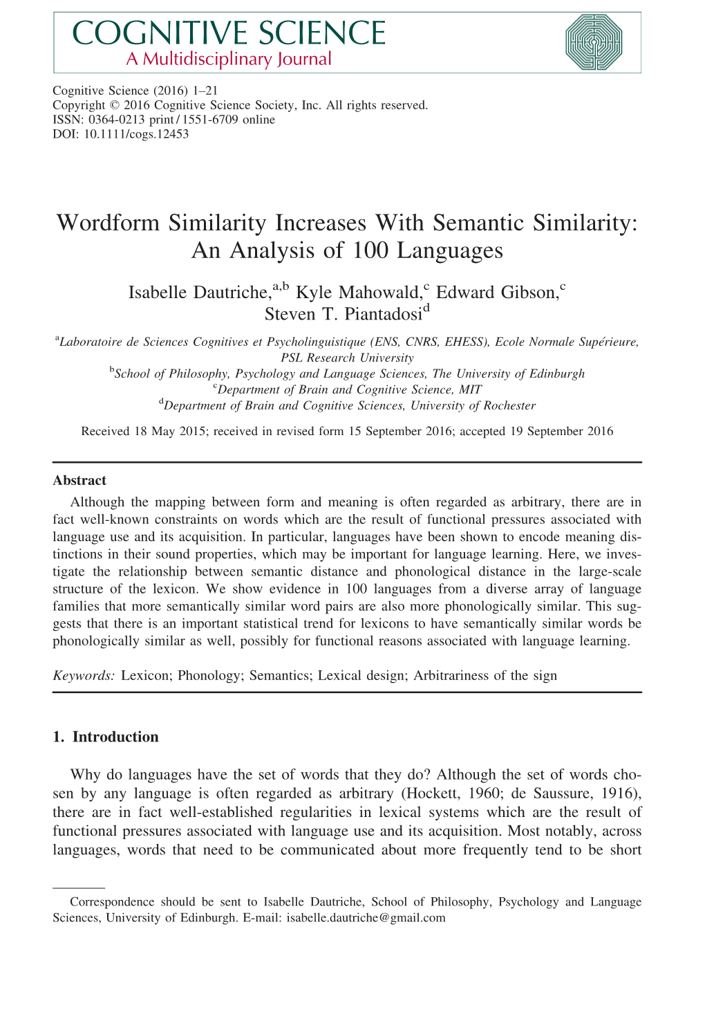 Wordform Similarity Increases with Semantic Similarity: an Analysis of 100 Languages