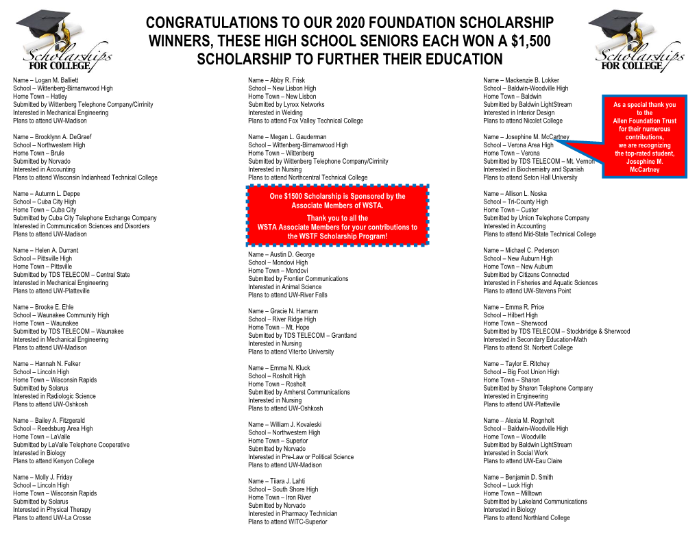 Congratulations to Our 2020 Foundation Scholarship Winners, These High School Seniors Each Won a $1,500 Scholarship to Further Their Education